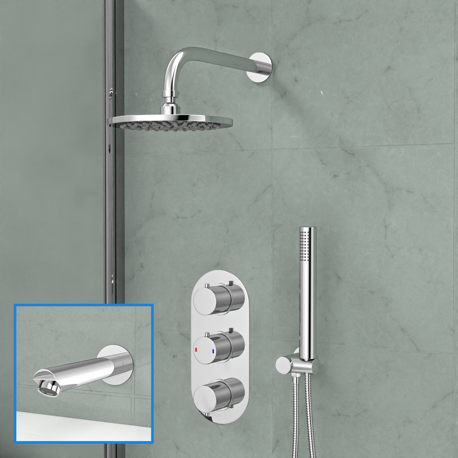 FLORA 3 way round concealed thermostatic mixer valve hand shower bath filler