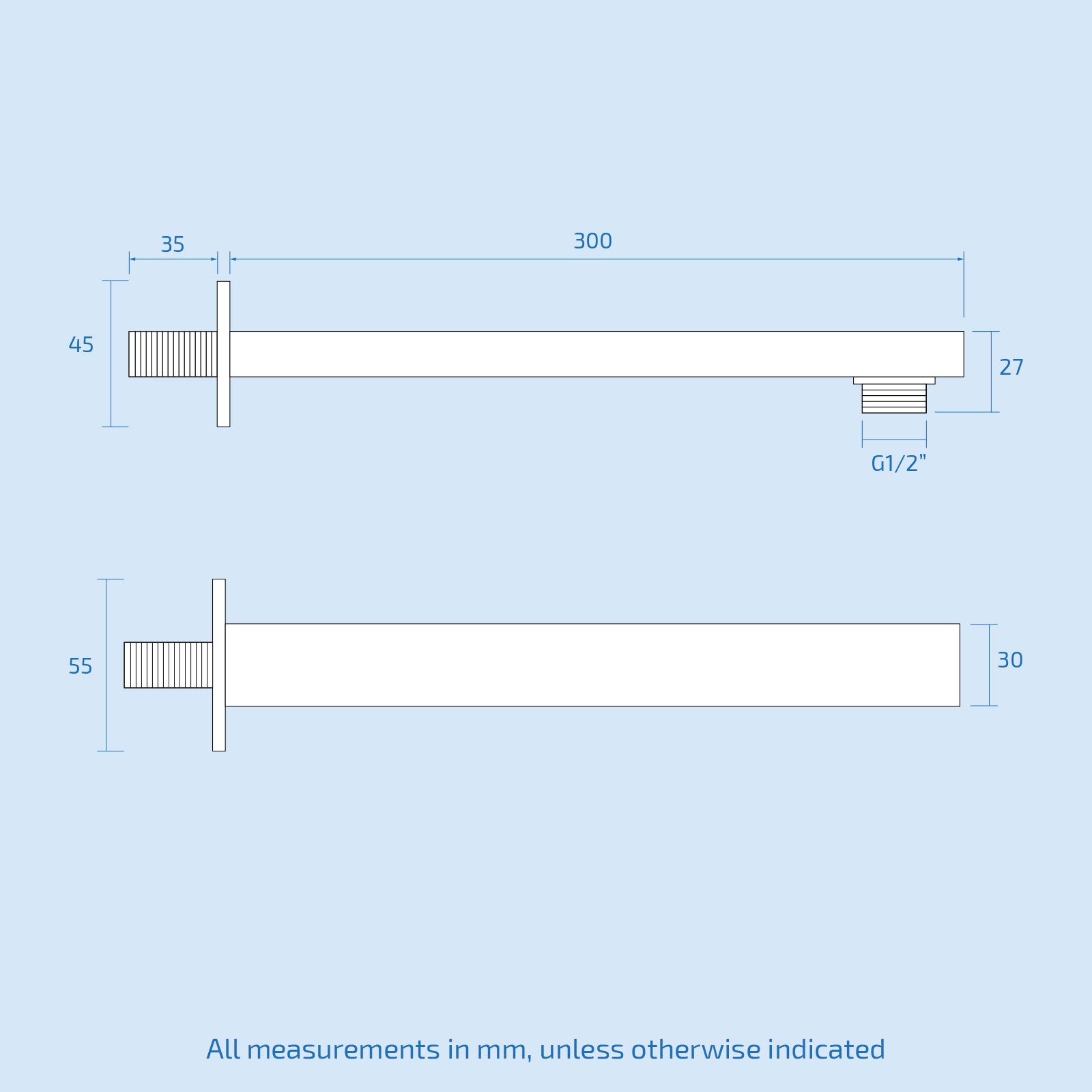 300mm Rectangular Wall Mounted Shower Arm Chrome for 8 or 9 inch Shower Head