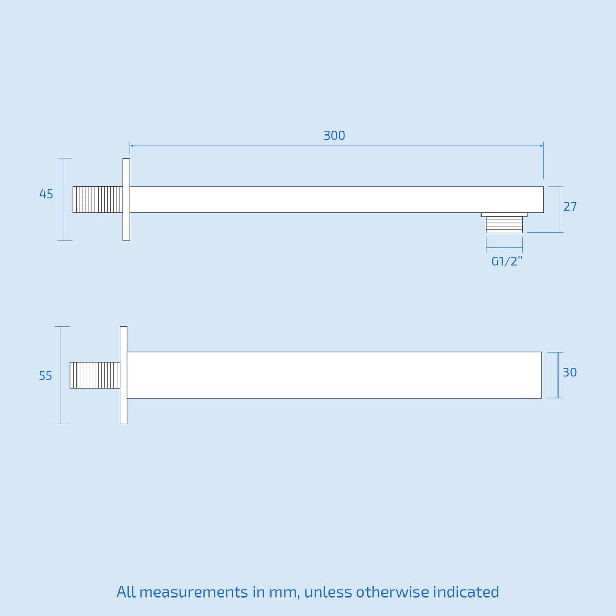 300mm Rectangular Wall Mounted Shower Arm Chrome for 8 or 9 inch Shower Head