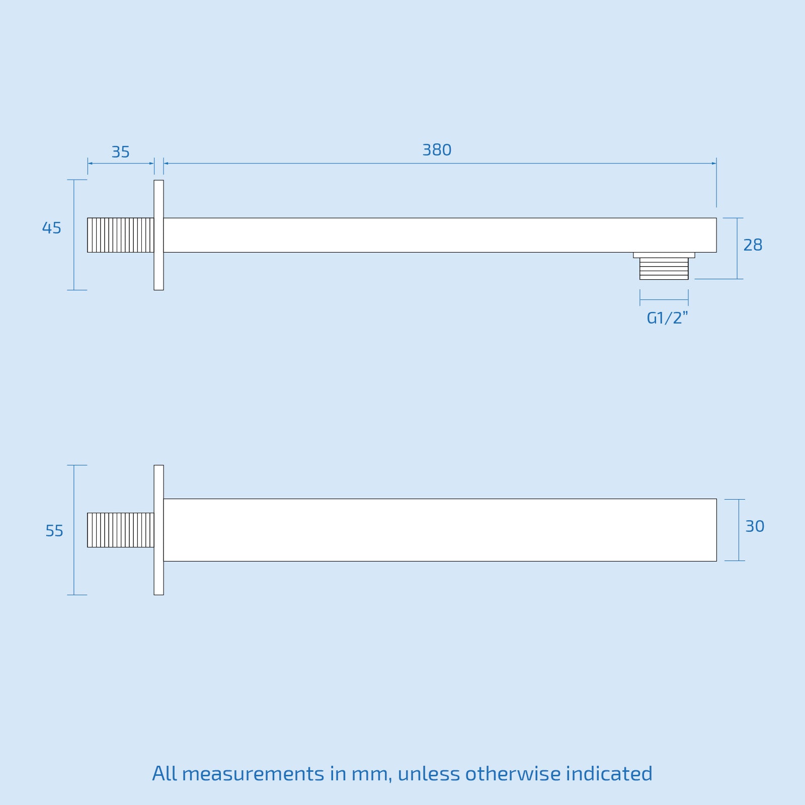 380MM Rectangular Brass Chrome Finish Wall Mounted Shower Arm