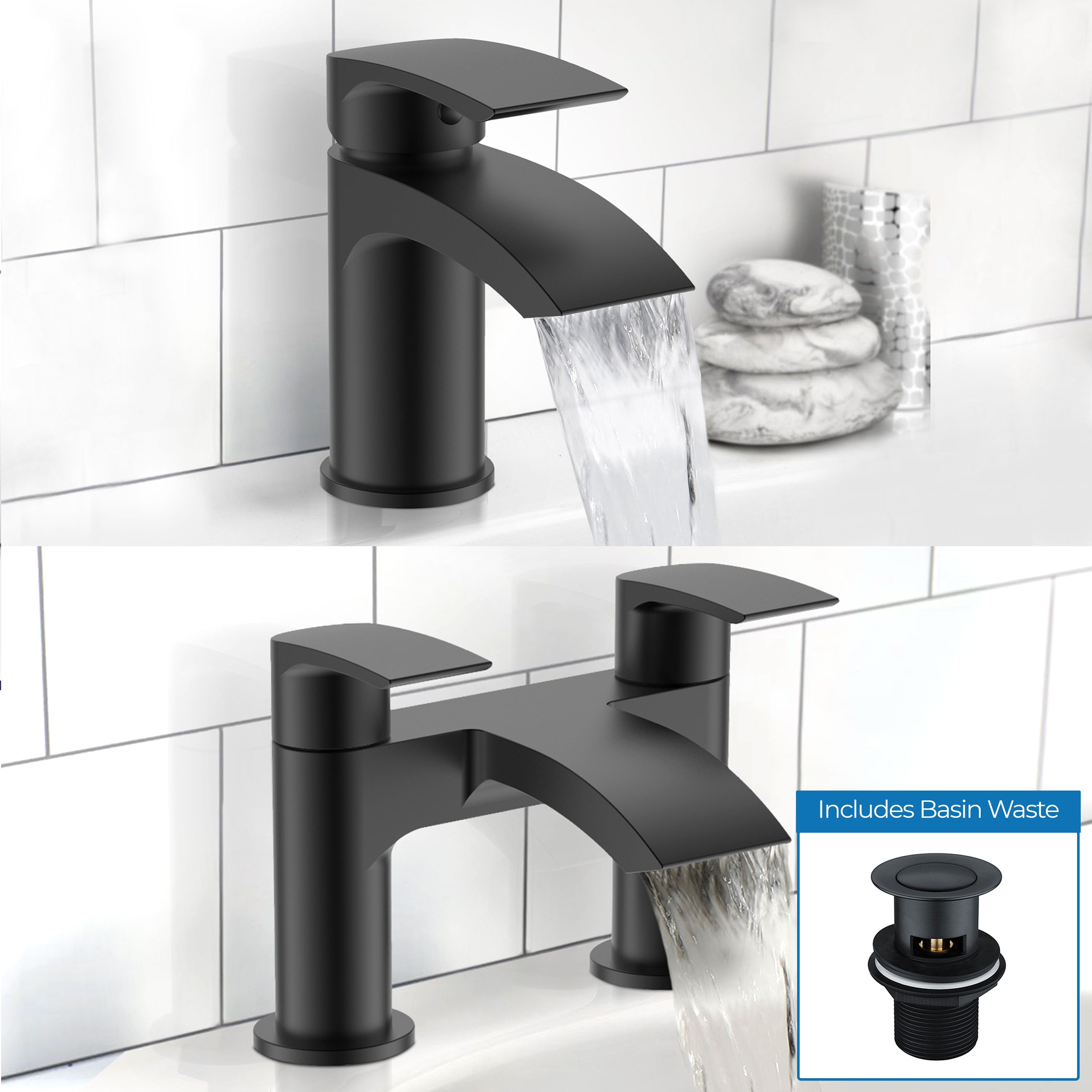 Vago Bathroom Sink Basin Mono Mixer Bath Filler Shower Black Matt Brass Tap & Waste