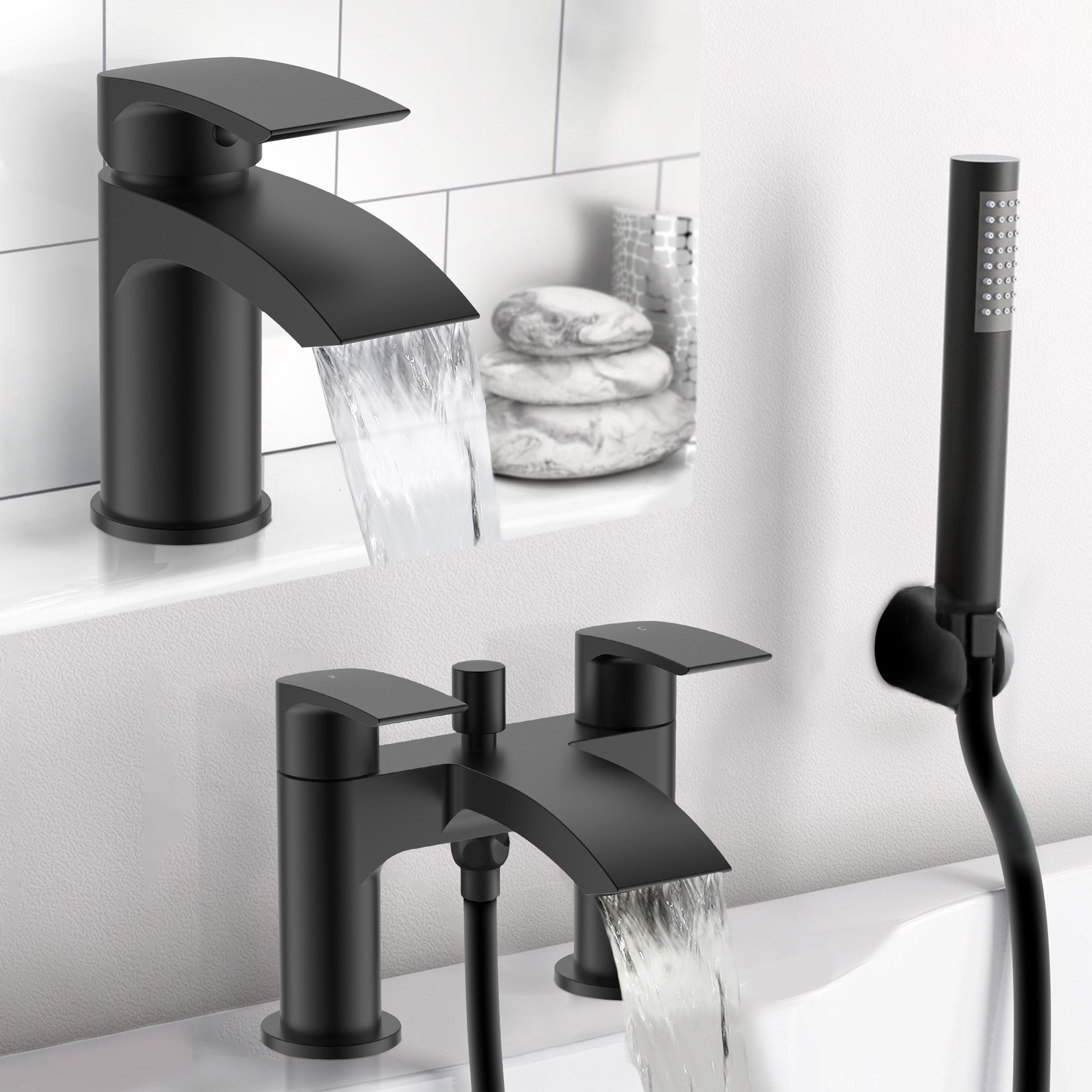 Vago Stylish Waterfall Matte Black Basin Mono Mixer Tap & Bath Shower Mixer Tap With Handset Kit