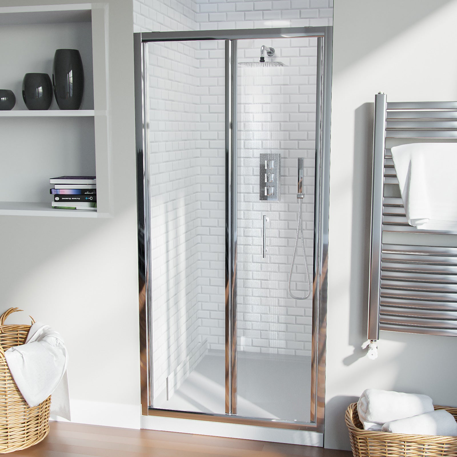 Bi-Fold 900mm Glass Shower Door with 900mm Side Panel and Tray