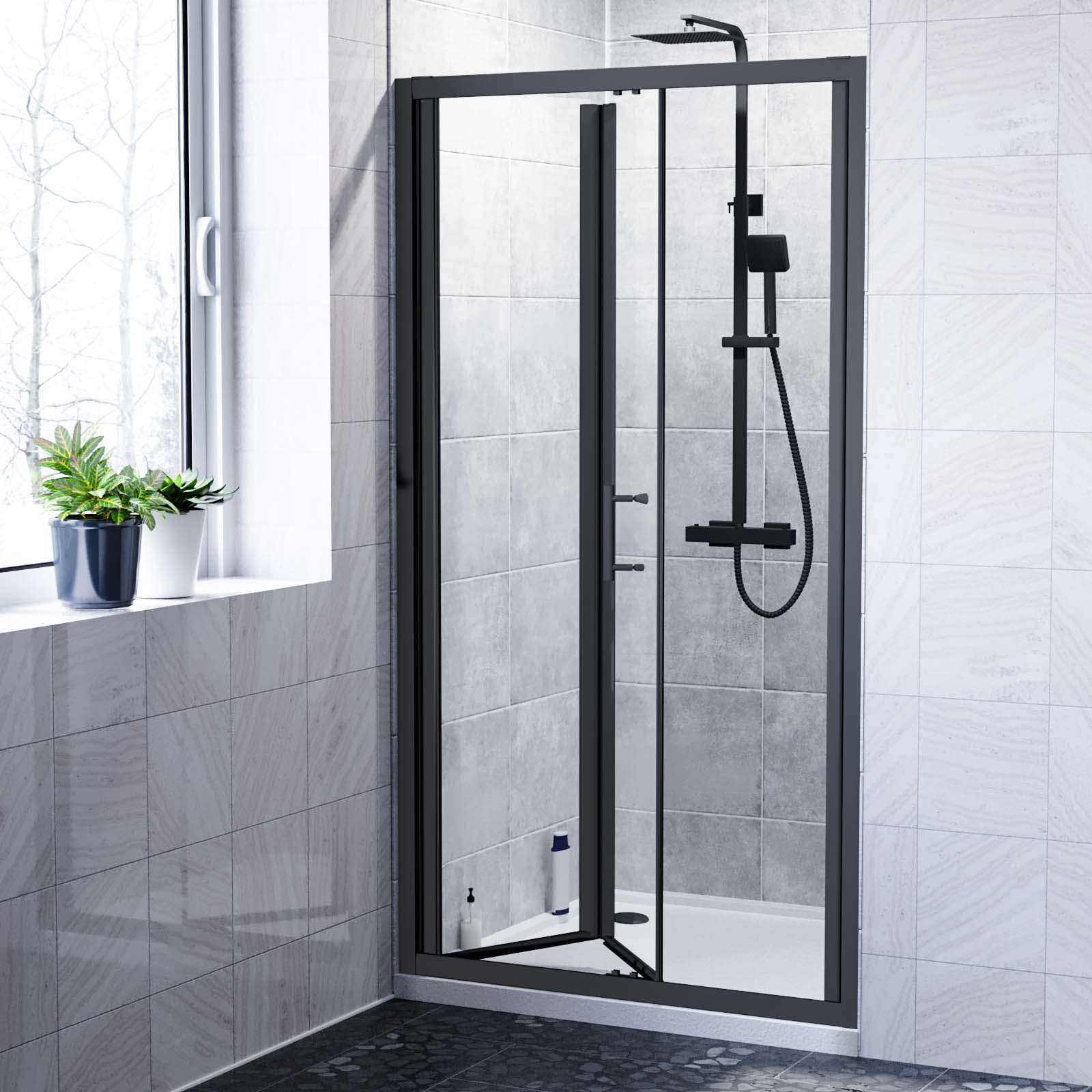 Kim 900mm Matte Black Walk In Bi Folding Shower Tempered Glass Door Screen Panel