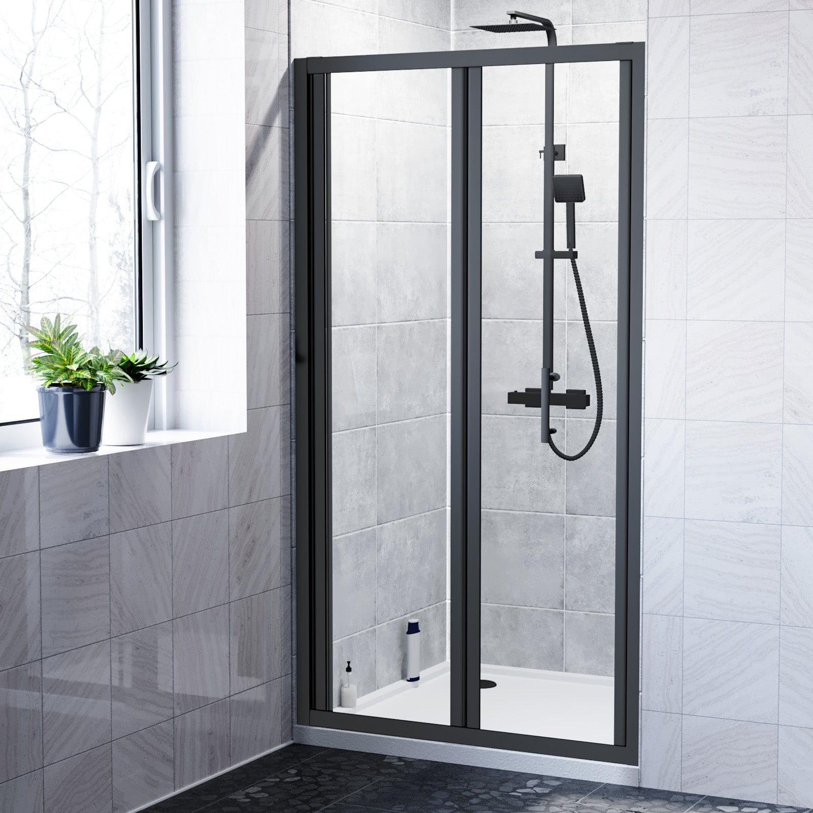 Kim 900mm Matte Black Walk In Bi Folding Shower Tempered Glass Door Screen Panel