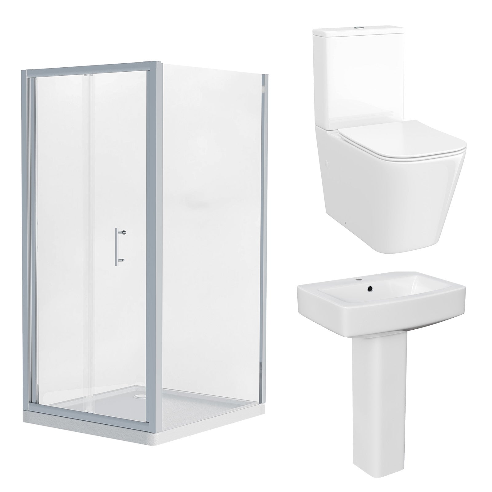 modern bathroom set with shower enclosure, toilet, and traditional sink