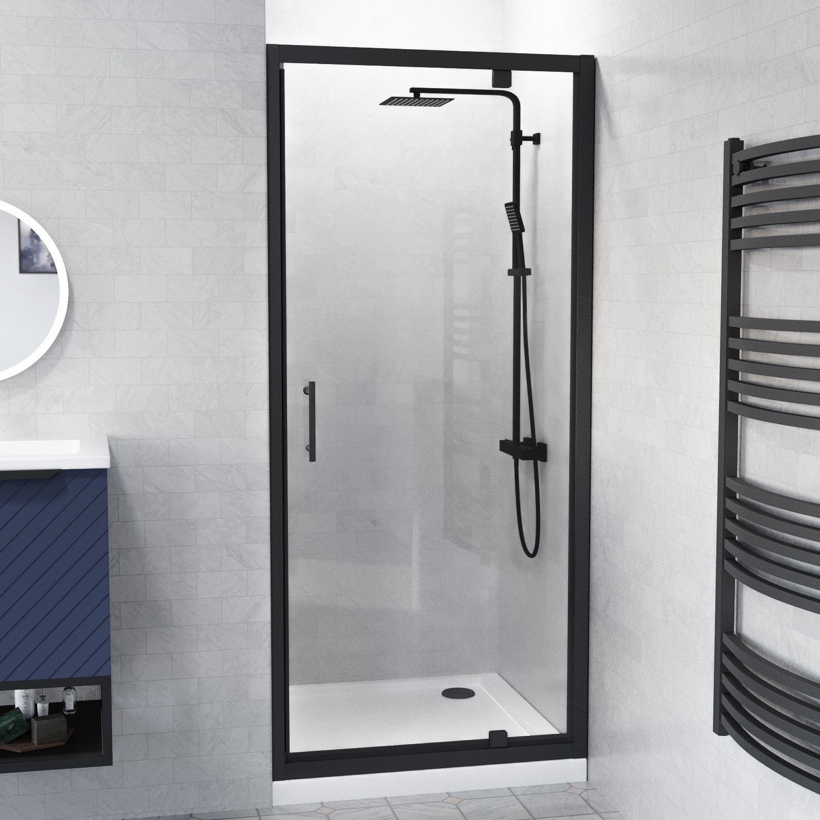 Jupiter 800mm Pivot Shower Door Enclosure Screen 6mm Tempered Glass Matte Black