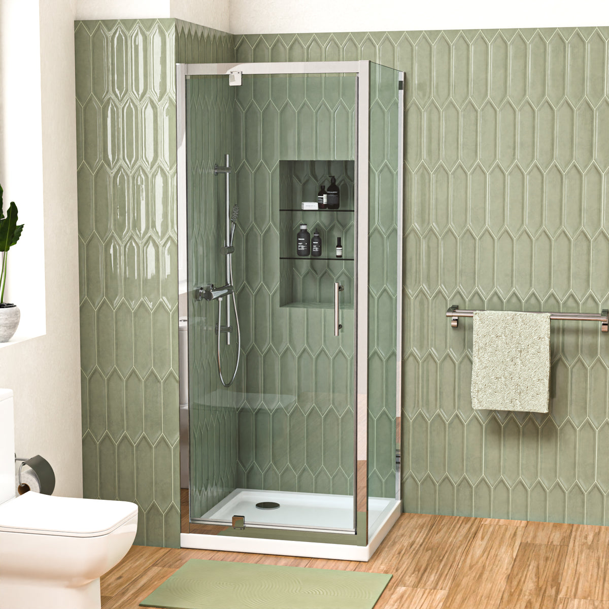 Shower Pivot Door 760mm x 1850mm & 760mm Side Panel with Tray and Waste