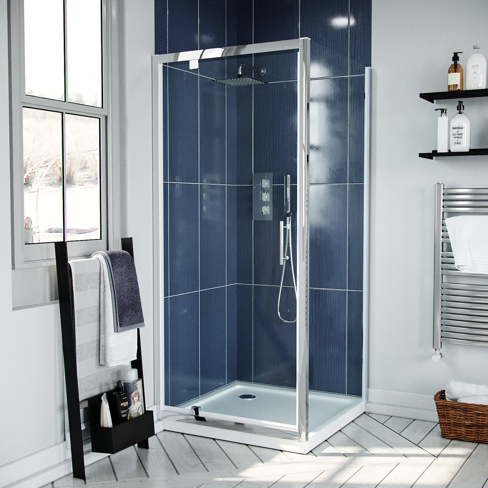 Jupiter 900 x 760mm Chrome Framed Pivot Door Shower Enclosure & Side Panel