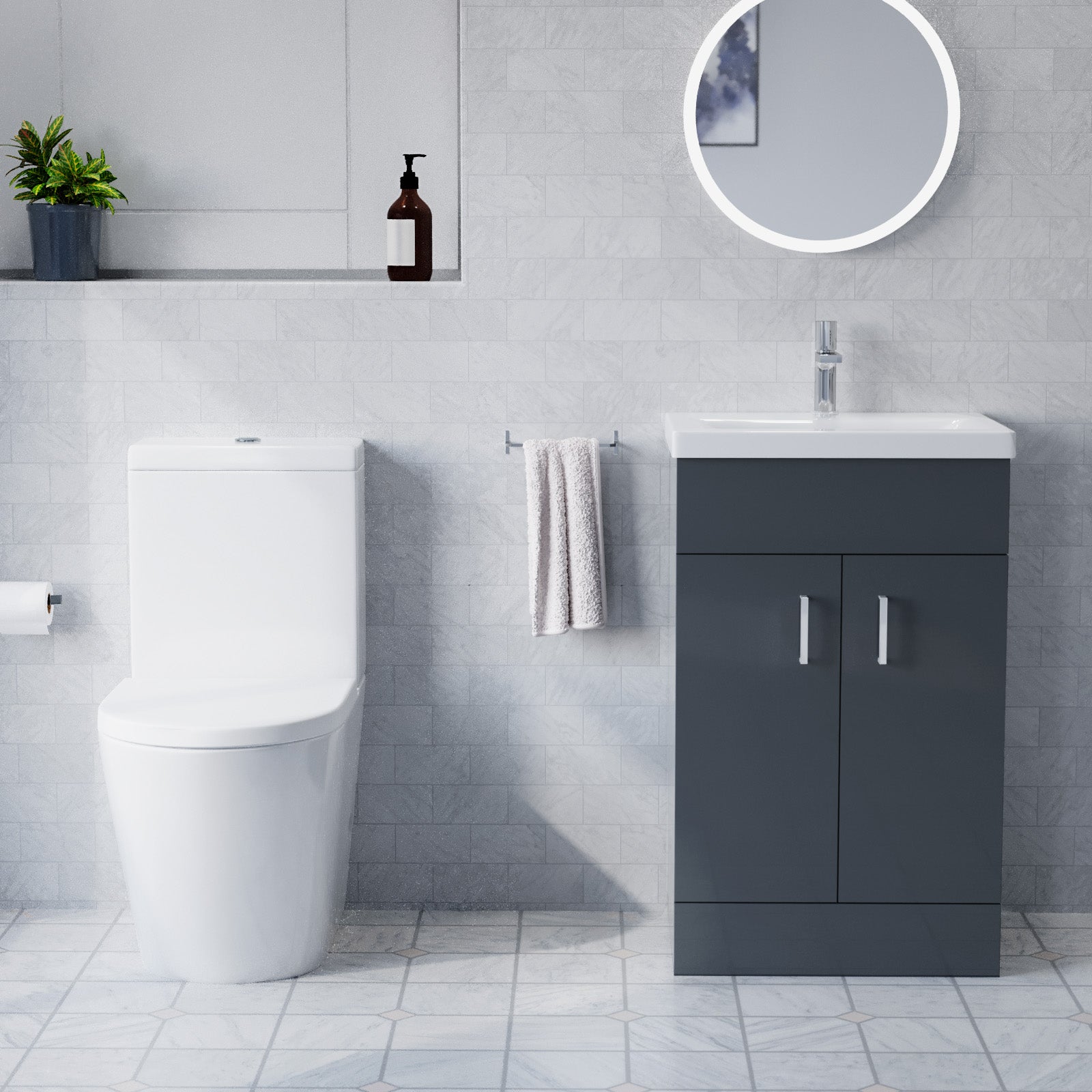 500mm Floor Standing Vanity With Ceramic Basin & Close Coupled Toilet, 900mm Quadrant Screen