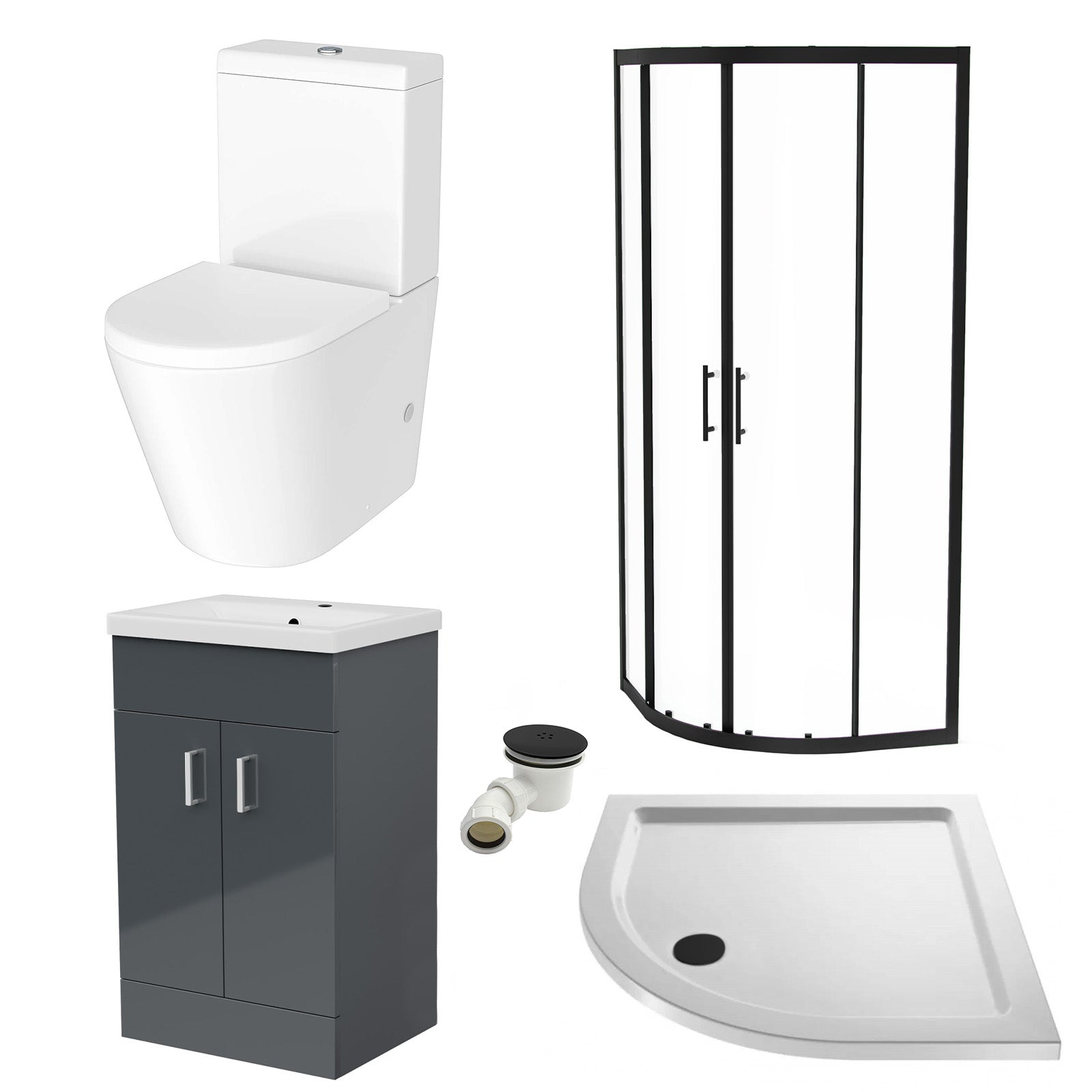 500mm Floor Standing Vanity With Ceramic Basin & Close Coupled Toilet, 900mm Quadrant Screen