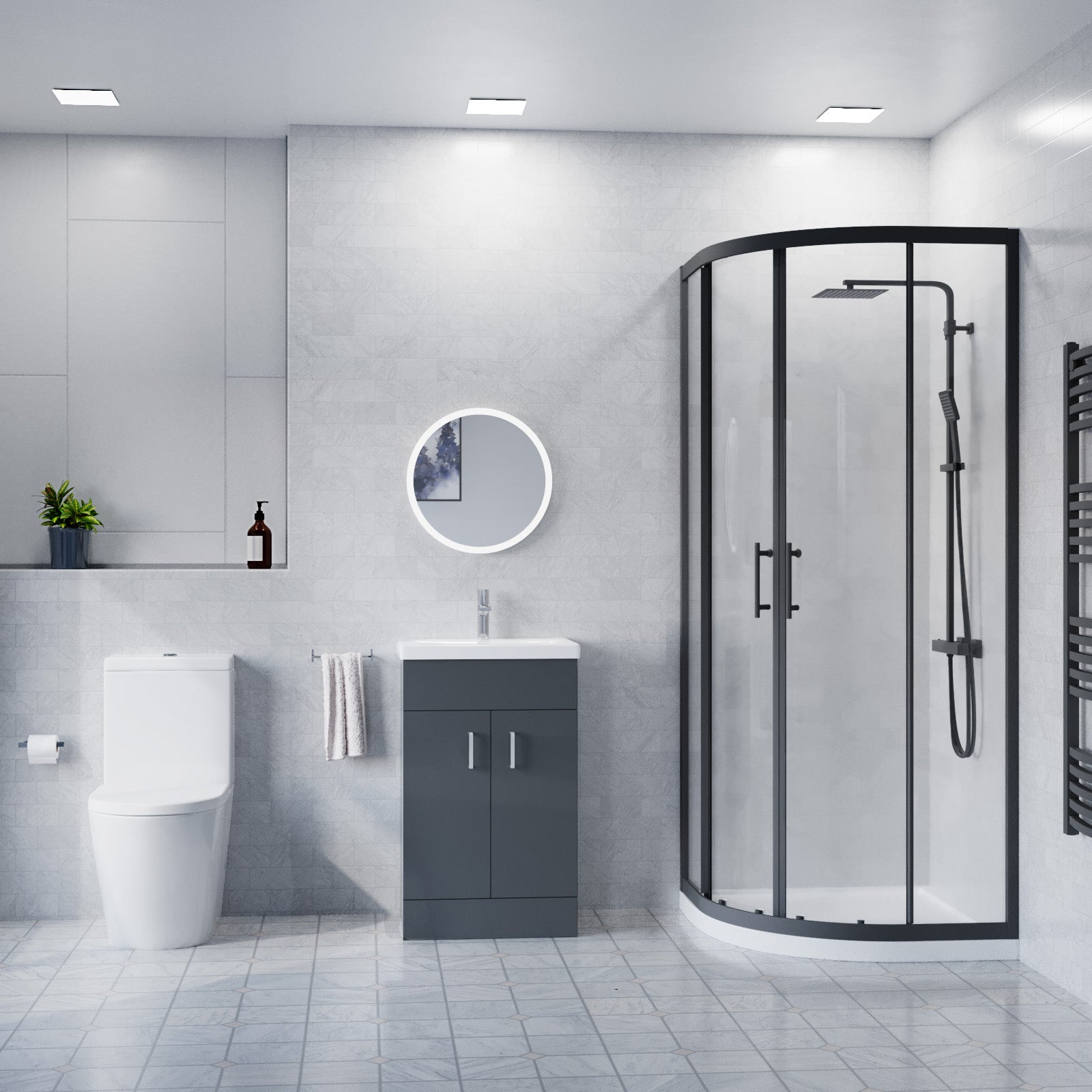 500mm Floor Standing Vanity With Ceramic Basin & Close Coupled Toilet, 900mm Quadrant Screen