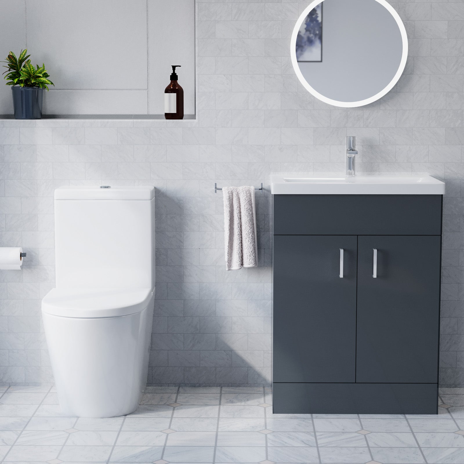 Anthracite 600mm Floor Standing Cabinet With Ceramic Basin & Toilet, 800mm Quadrant Screen