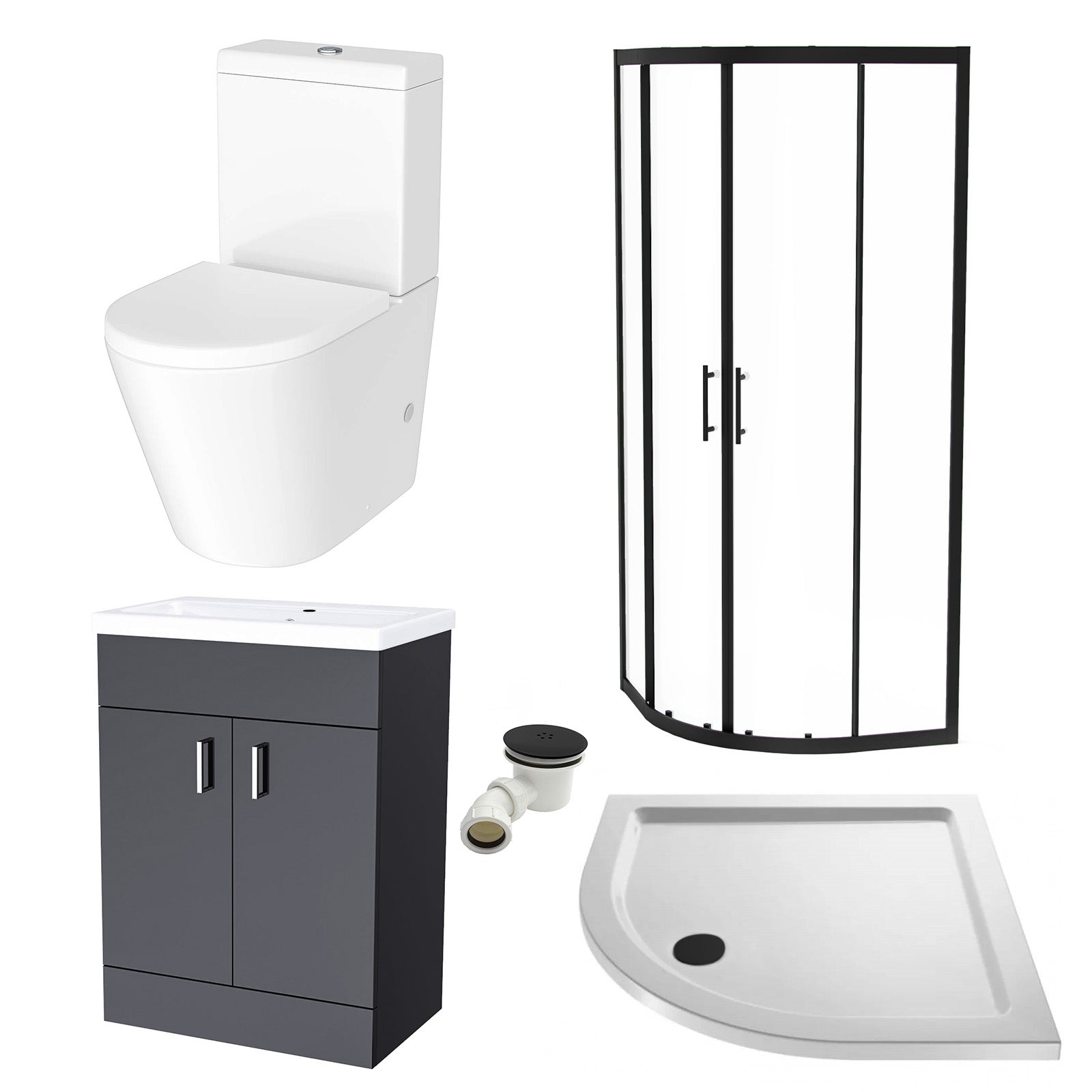 Anthracite 600mm Floor Standing Cabinet With Ceramic Basin & Toilet, 800mm Quadrant Screen