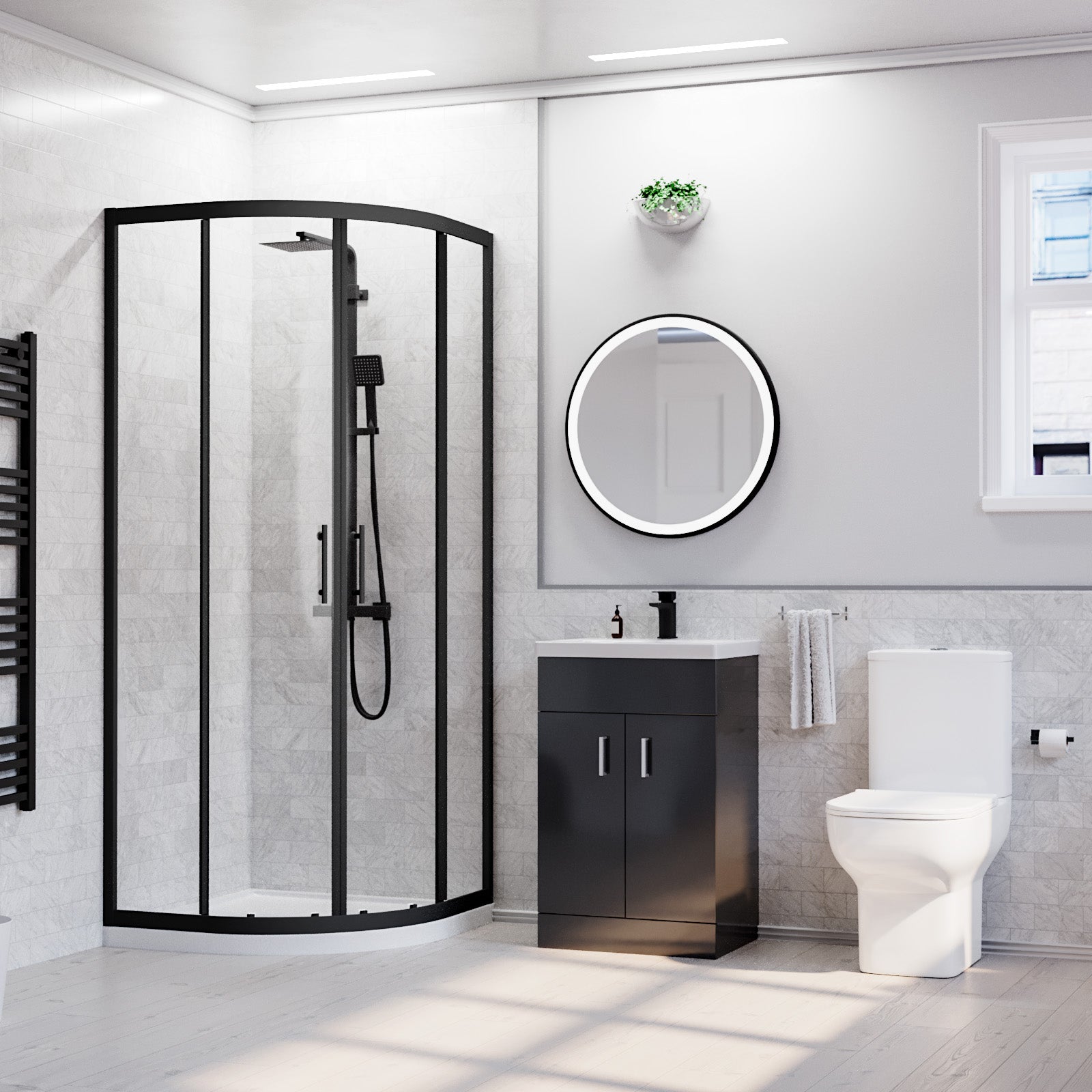 Nanuya 800mm Quadrant Black Shower Enclosure, Dark Grey Basin Vanity & Toilet