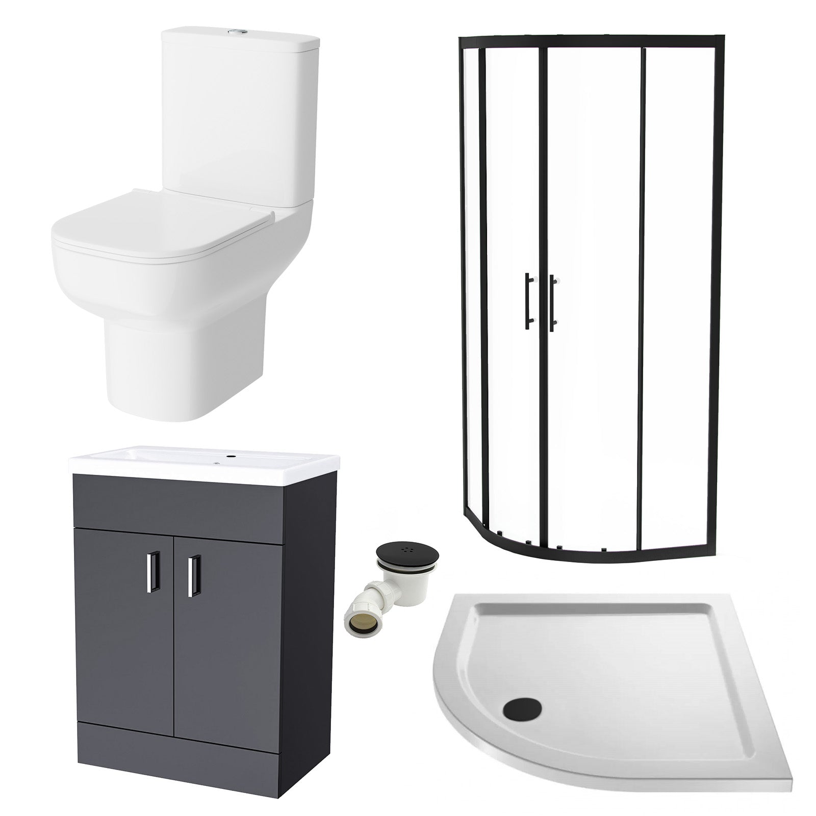 600mm Floor Standing Anthracite Cabinet With Basin & Toilet, 800mm Quadrant Screen