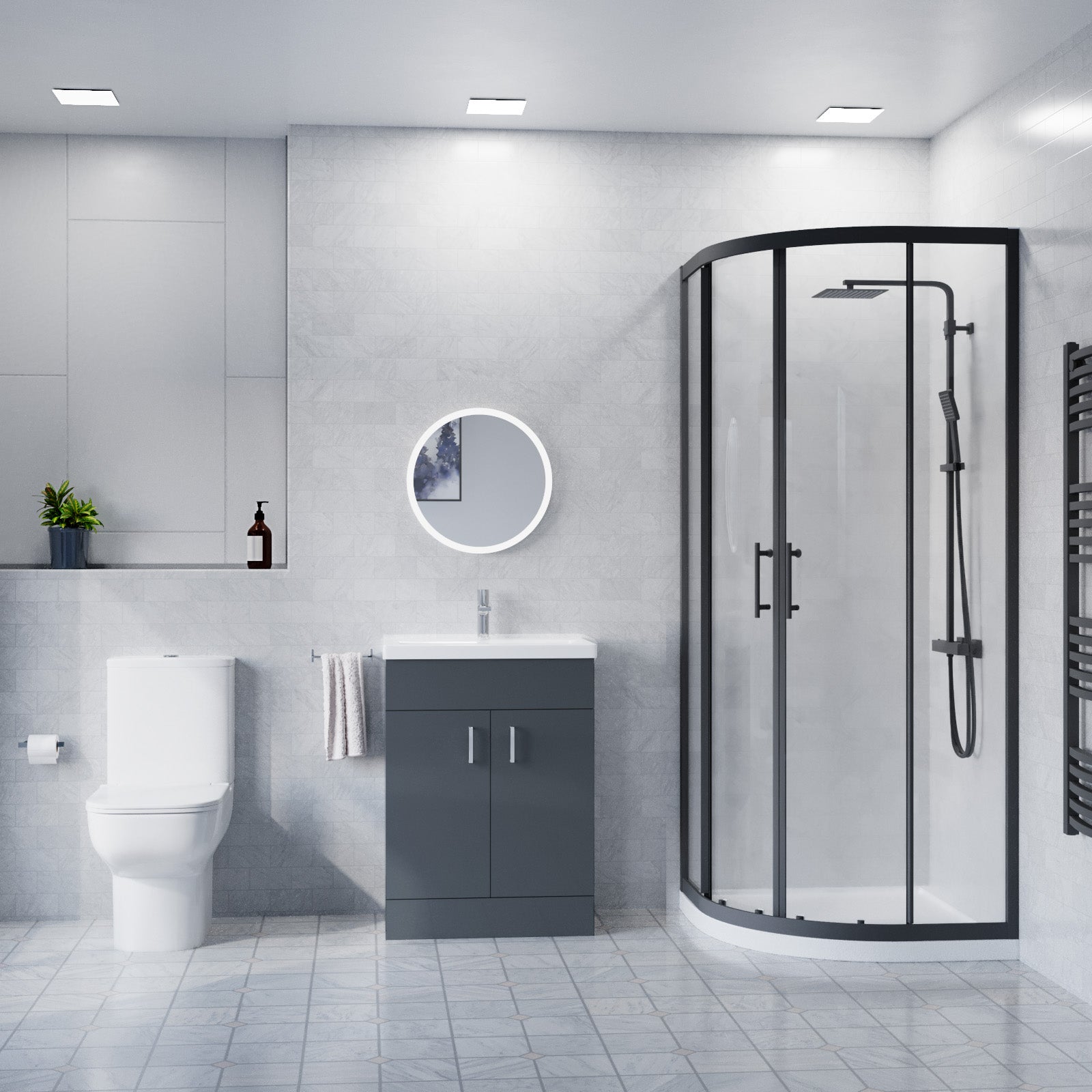 600mm Floor Standing Anthracite Cabinet With Basin & Toilet, 800mm Quadrant Screen