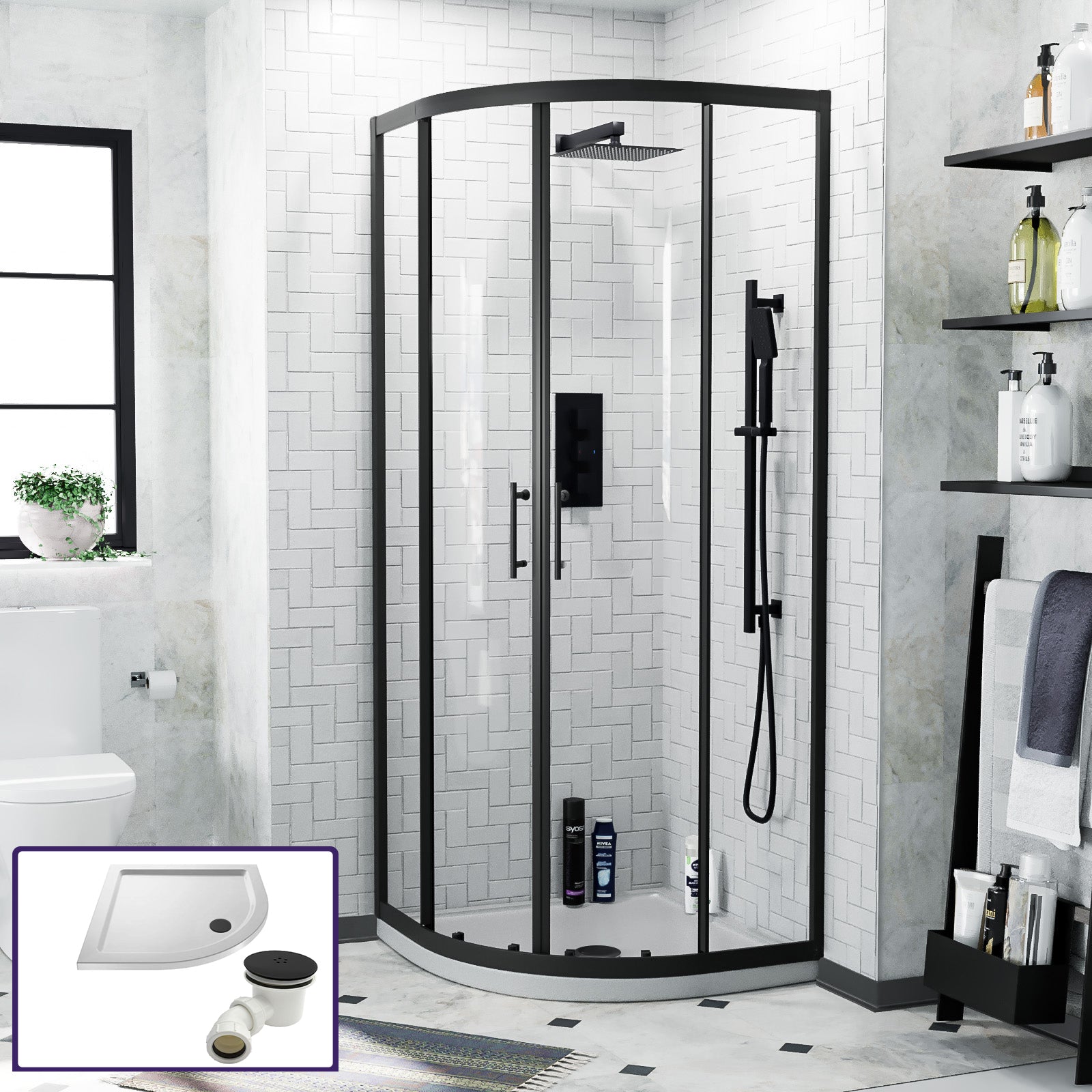 Saturn Black Quadrant 800mm Corner Shower Enclosure & Tray