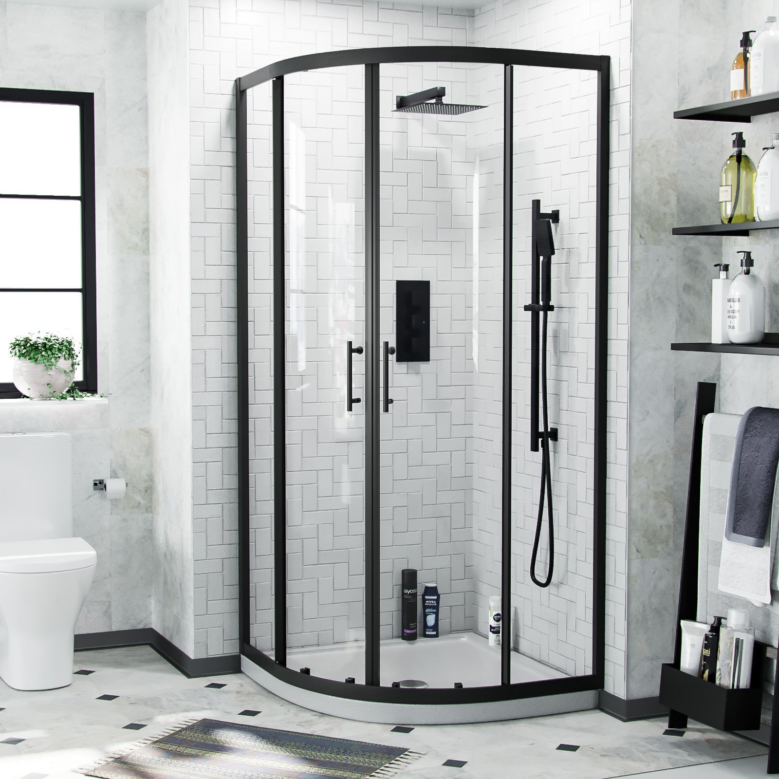 Saturn Black Framed Quadrant 900mm Corner Shower Enclosure & Tray