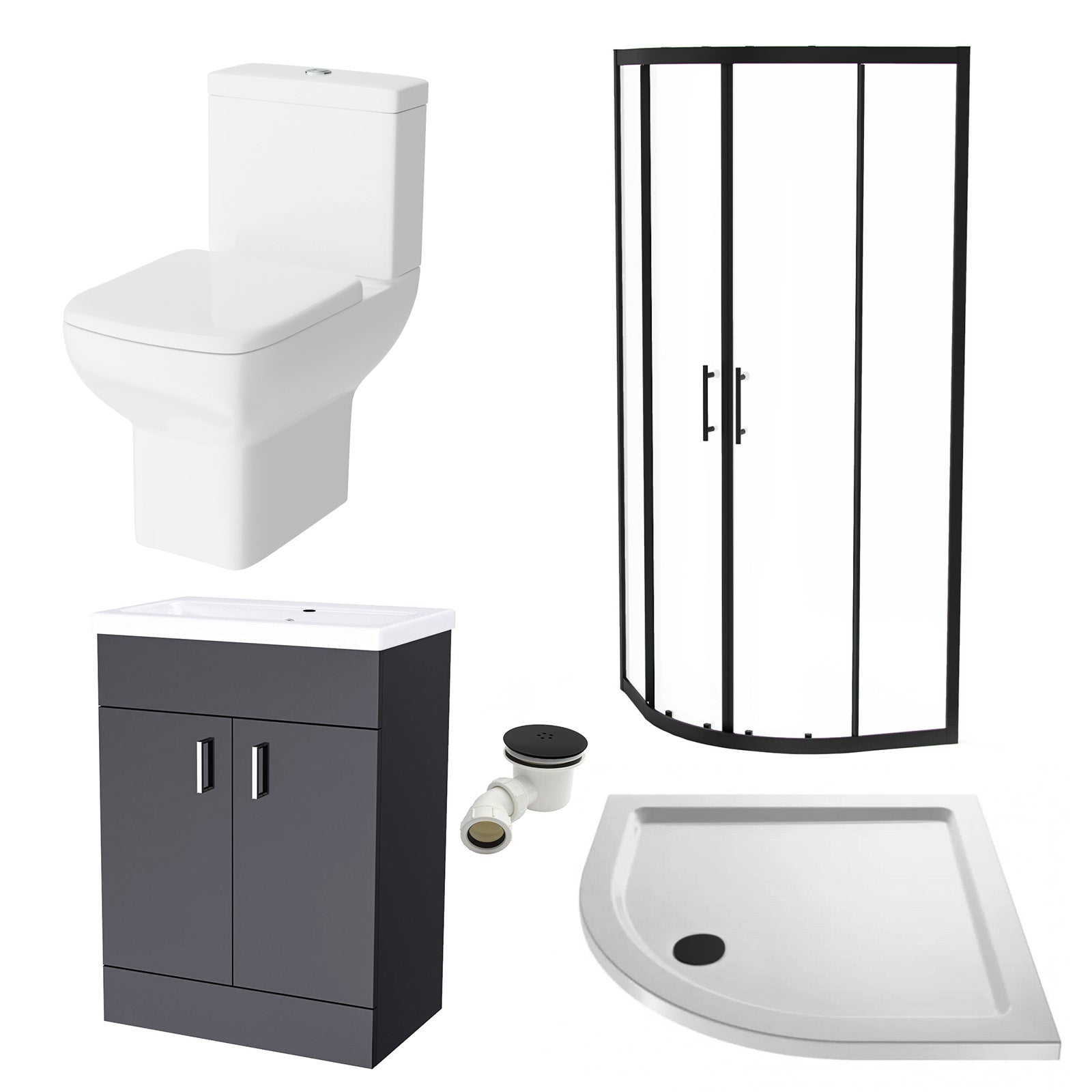 600mm Floorstanding Anthracite Cabinet With Basin & Square Rimless Toilet, 900mm Shower Screen