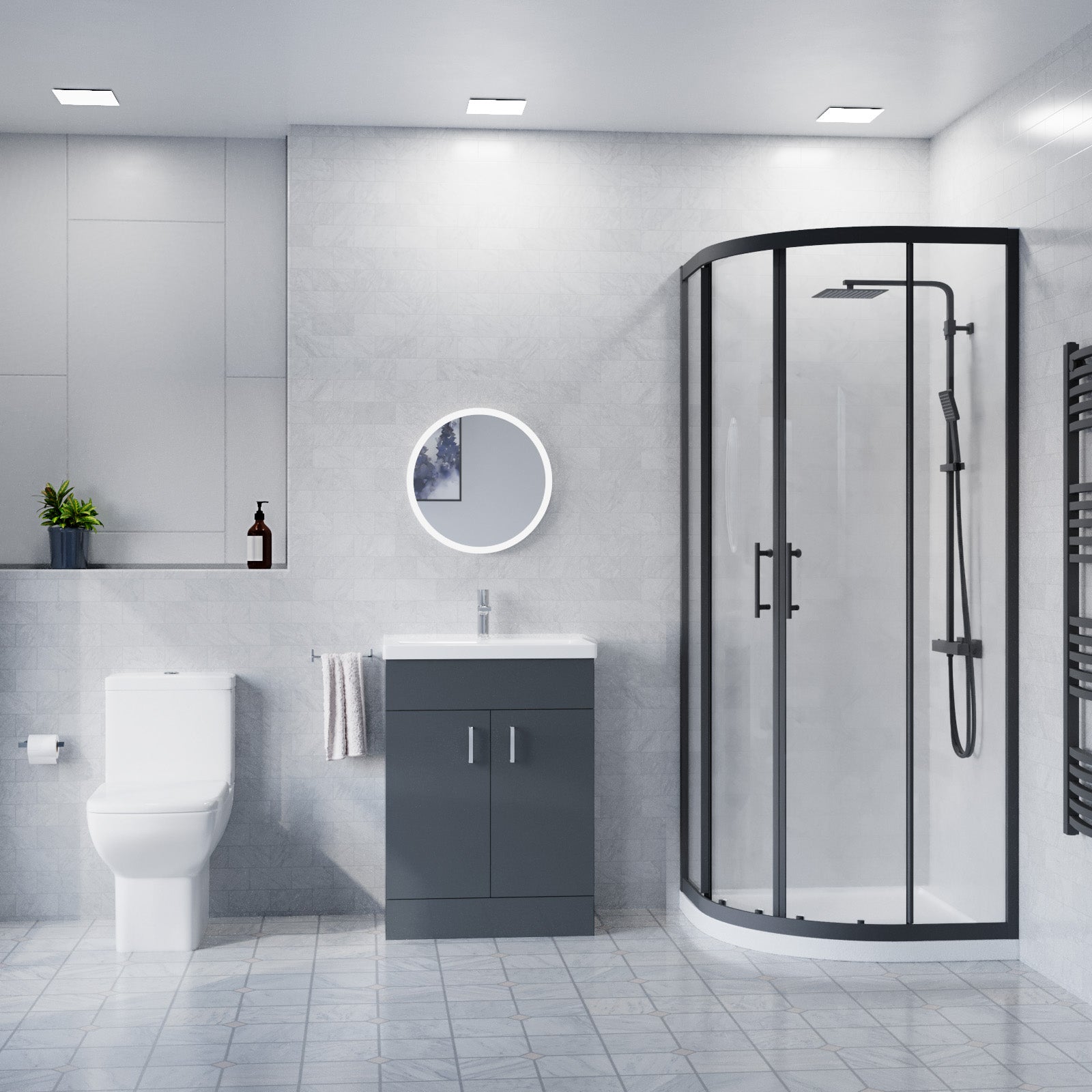 600mm Floorstanding Anthracite Cabinet With Basin & Square Rimless Toilet, 900mm Shower Screen