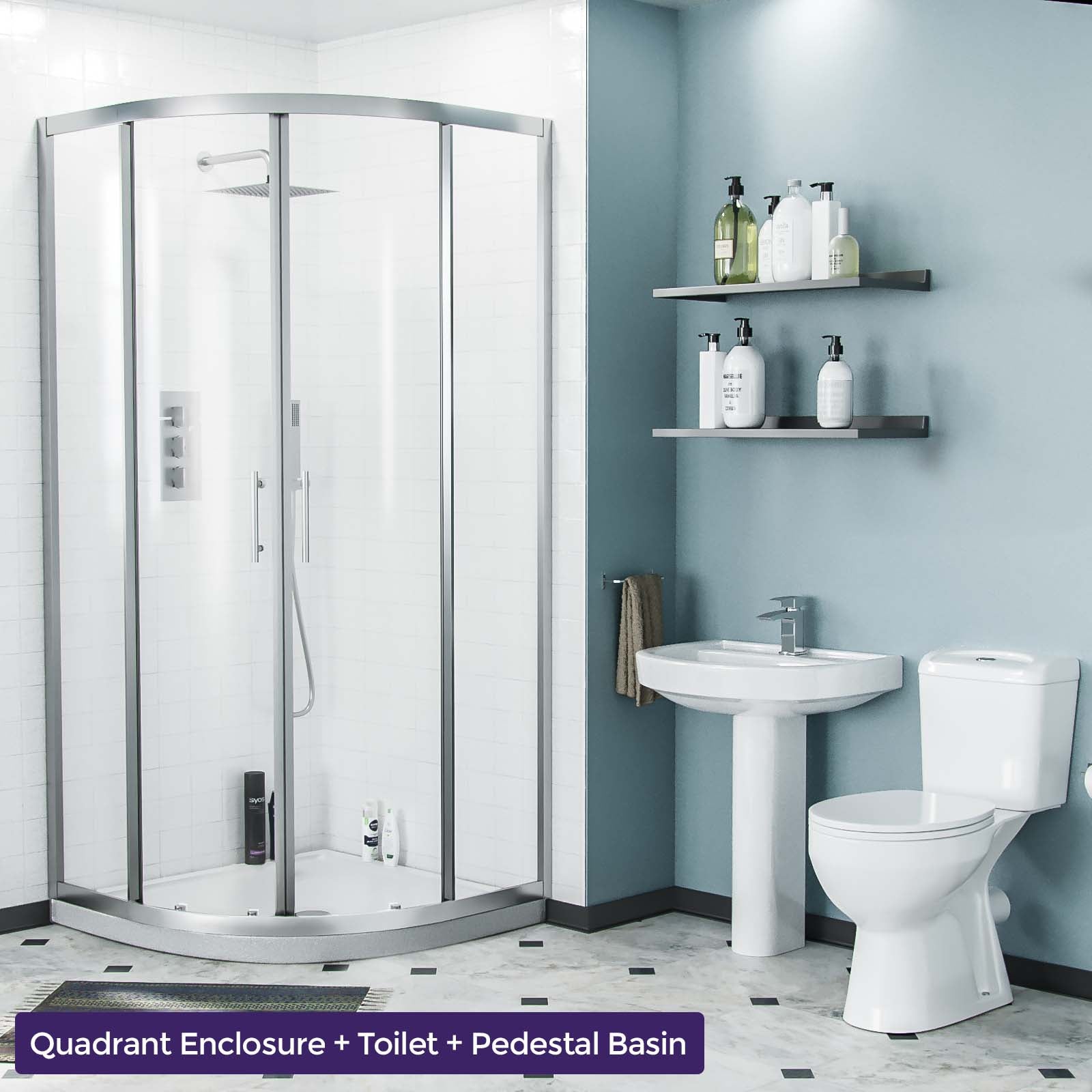 3-Piece 570 mm Basin Full Pedestal and Toilet with 800 Quadrant Shower