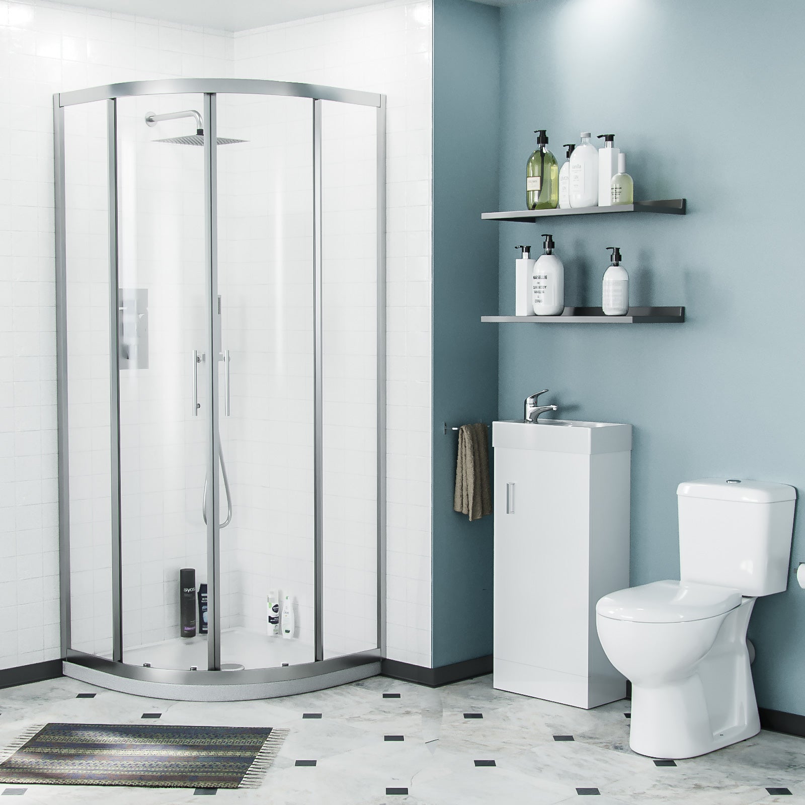 Nanuya 3-Piece White Shower Enclosure Suite - 900mm Quadrant Shower Enclosure with Tray, Close Coupled WC Toilet with Seat and Floorstanding 400 mm Vanity Basin Unit