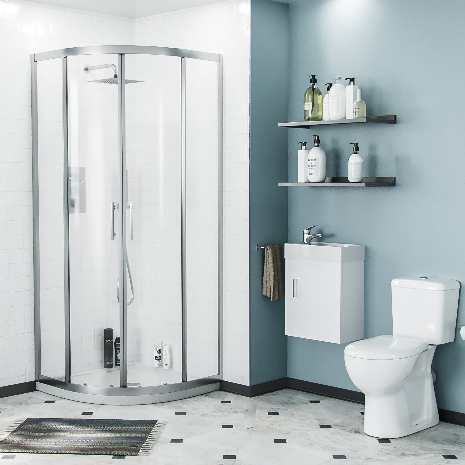 Nanuya 3-Piece White Shower Enclosure Suite with Tray, Close Coupled WC Toilet with Seat and Wall Hung 400 mm Vanity