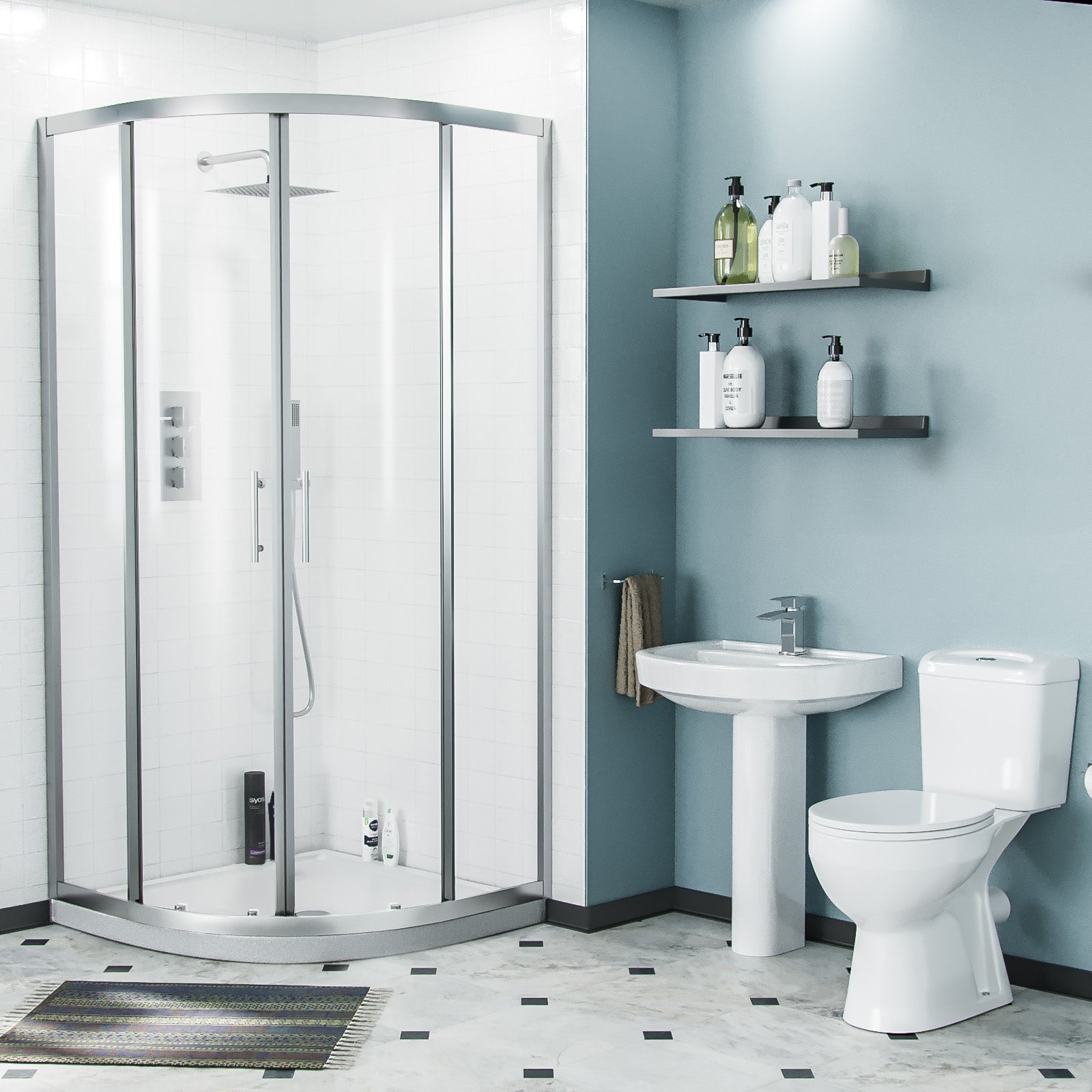 3-Piece 570 mm Basin Full Pedestal and Toilet with 800 Quadrant Shower