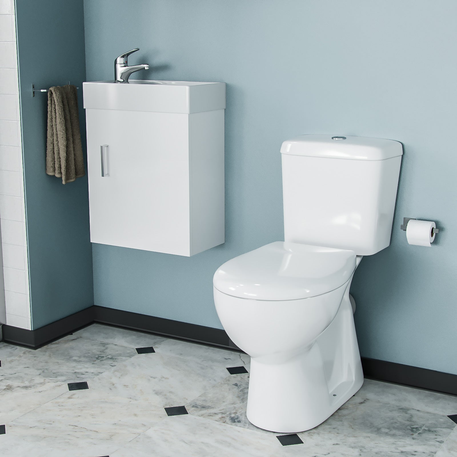Nanuya 3-Piece White Shower Enclosure Suite with Tray, Close Coupled WC Toilet with Seat and Wall Hung 400 mm Vanity