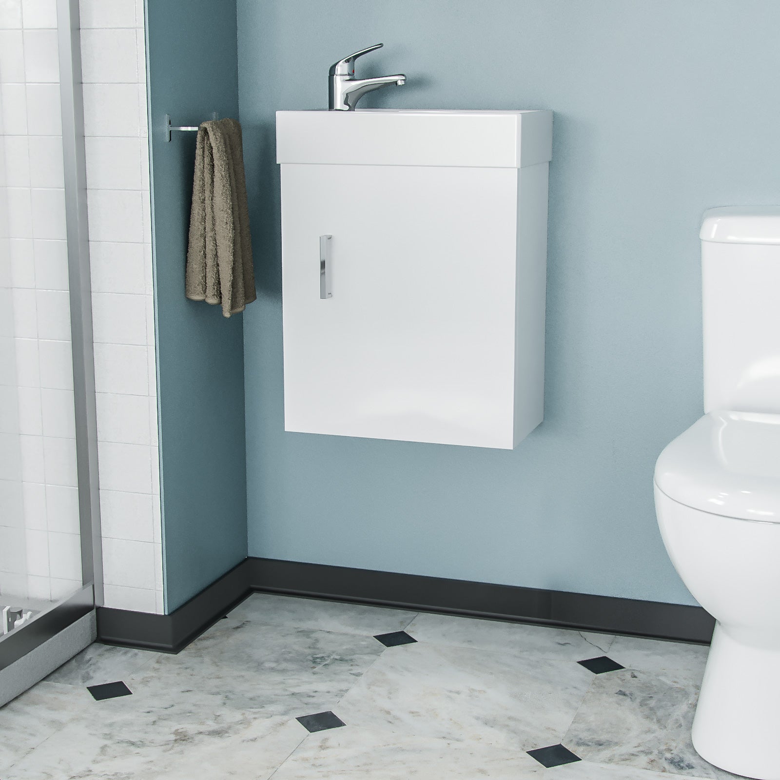 Nanuya 3-Piece White Shower Enclosure Suite - 800mm Quadrant Shower Enclosure with Tray, Close Coupled WC Toilet with Seat and Wall Hung Vanity Basin Unit