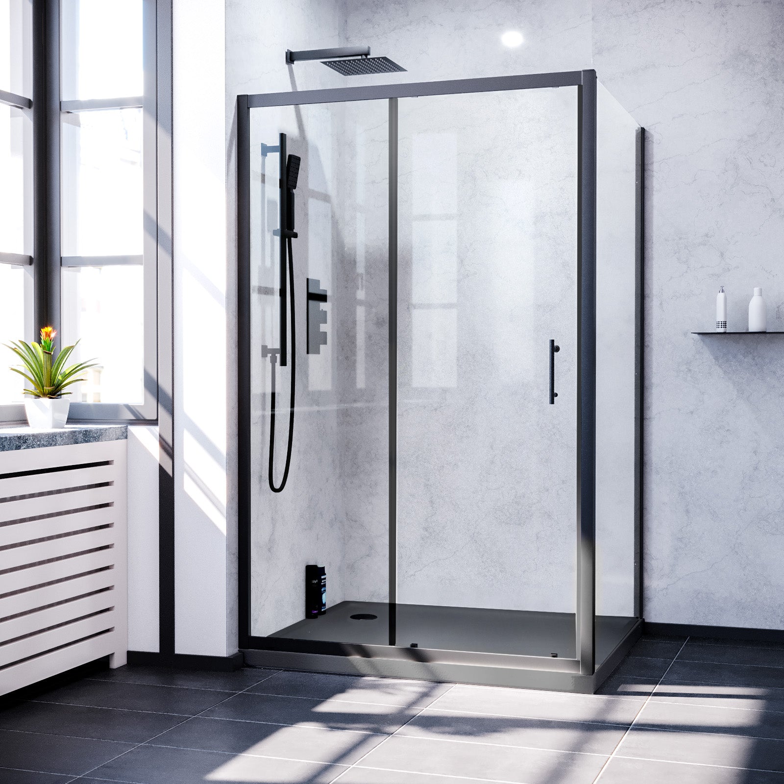 Magna 1100mm Matte Black Framed Shower Sliding Door 800mm Frameless Glass Side Panel Screen & Slate Grey Tray