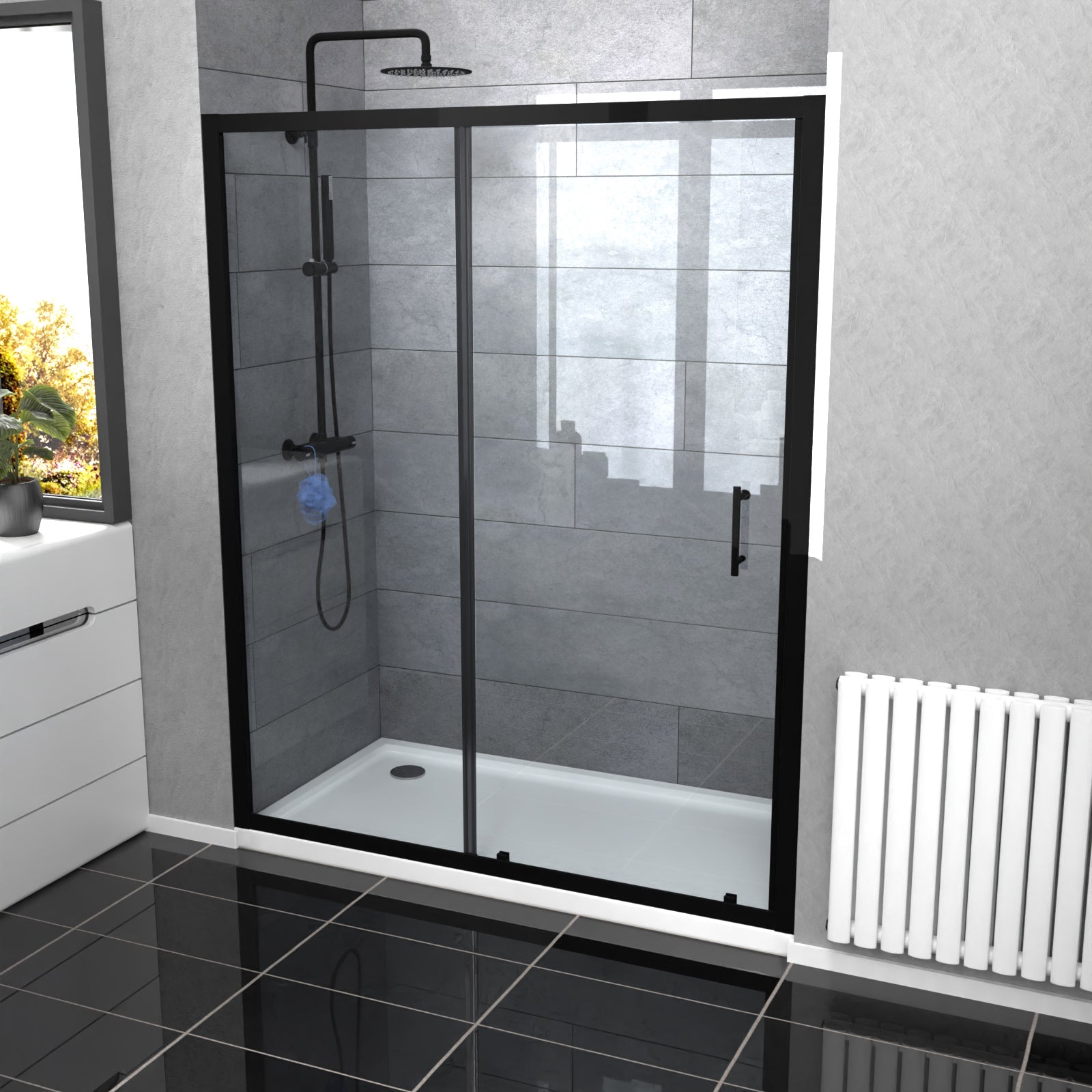 Magna 1600mm Aluminum Matte Black Shower Sliding Door Tempered Glass