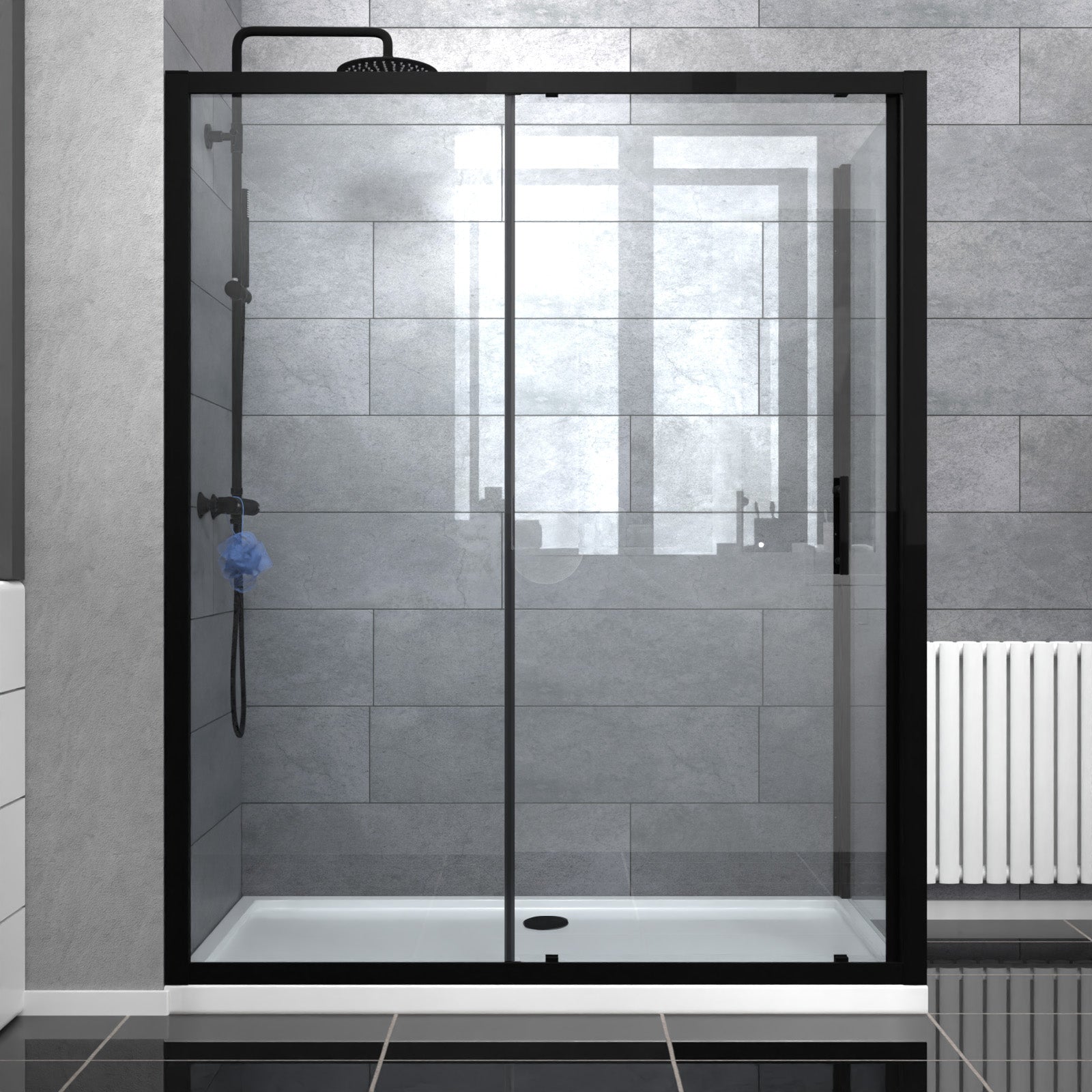Magna Matte Black 1600mm Shower Sliding Door, 900mm Glass Side Panel Screen & Tray