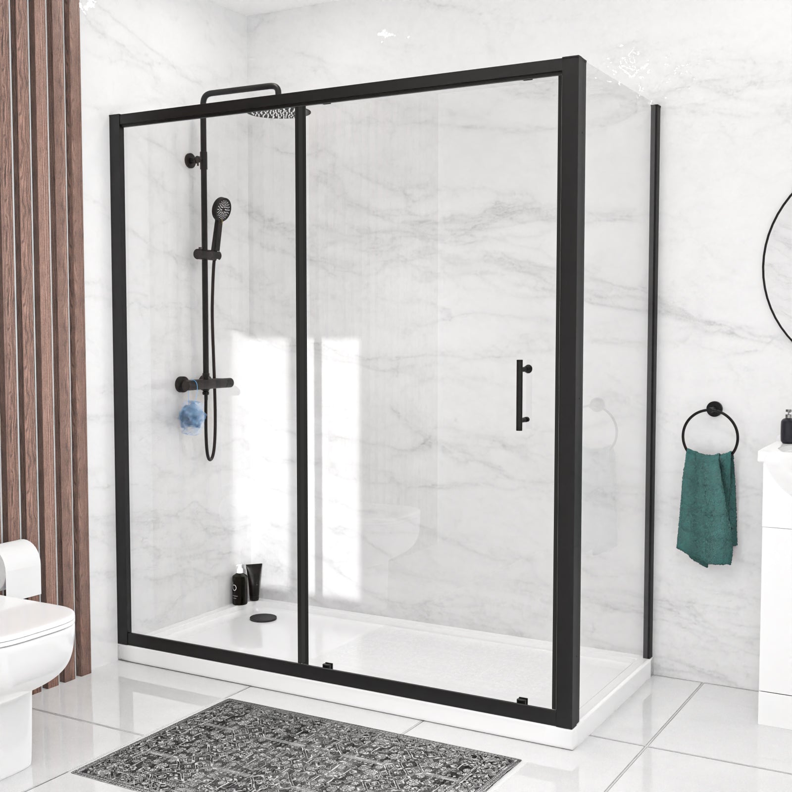 Magna 1700mm Matte Black Sliding Shower Door, 760mm Frameless Glass Screen