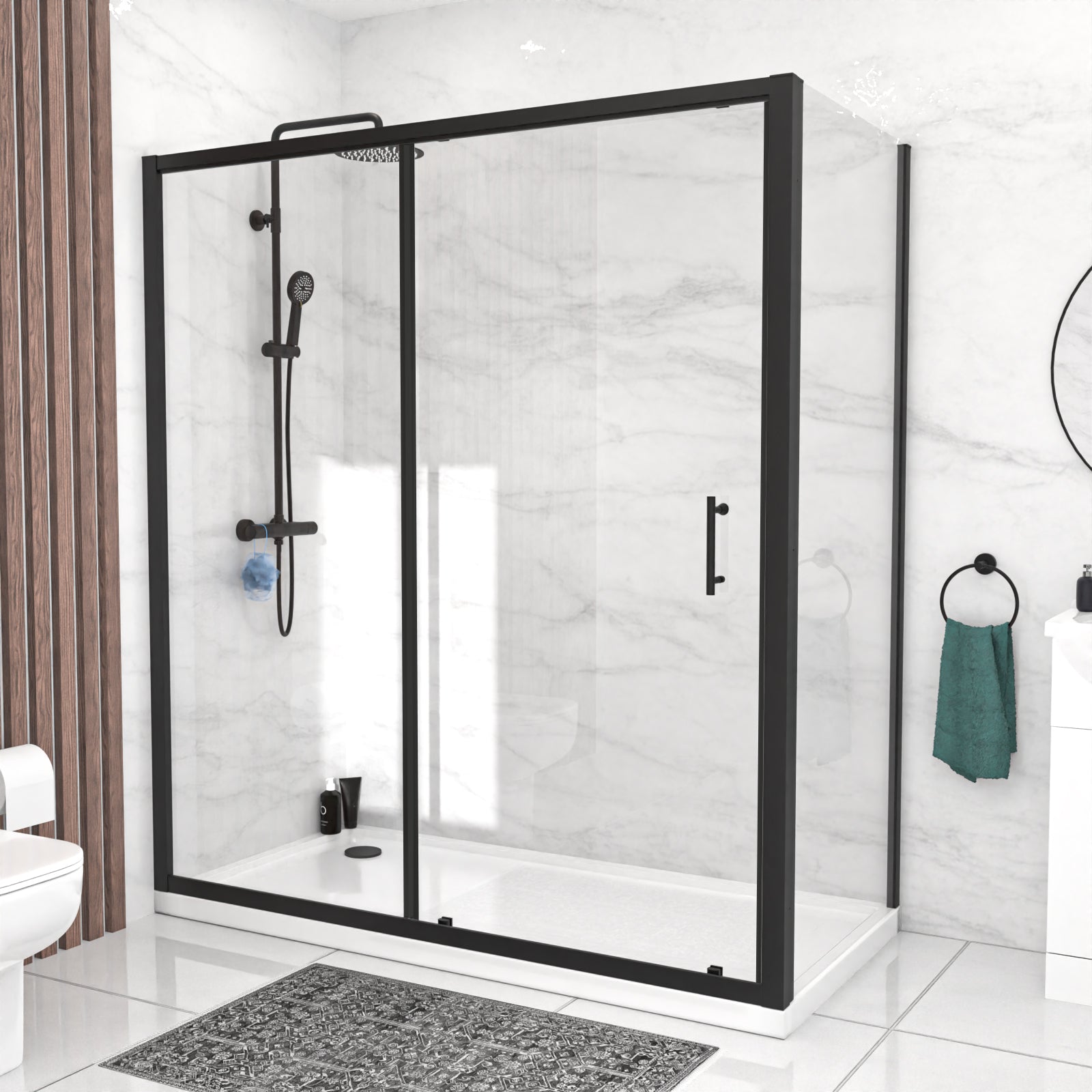 Magna 1700mm Matte Black Sliding Shower Door, 800mm Frameless Glass Screen