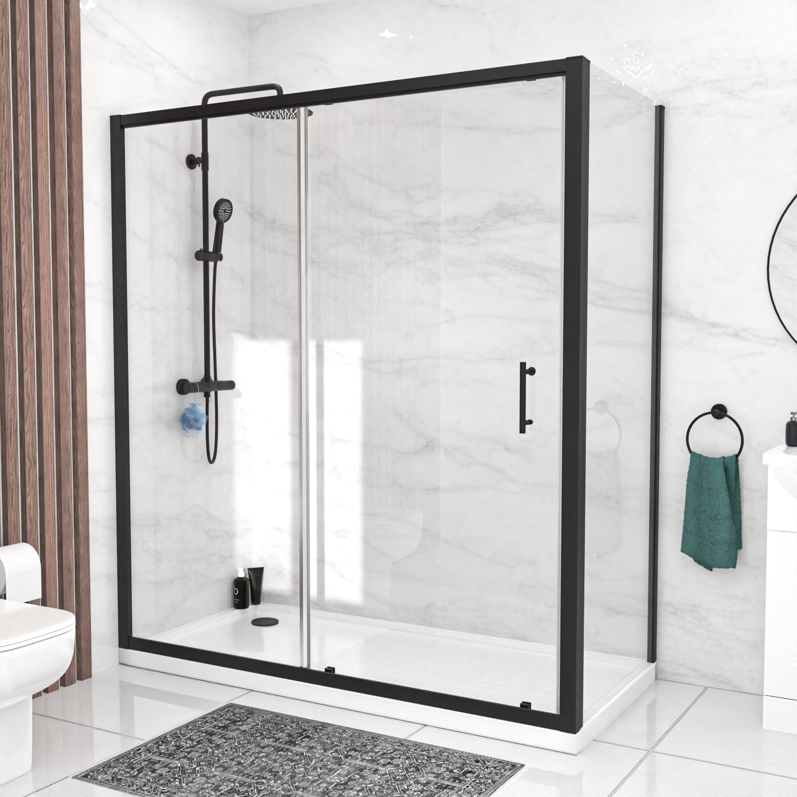Black 1700 x 700mm Shower Enclosure Sliding Door & Glass Side Panel