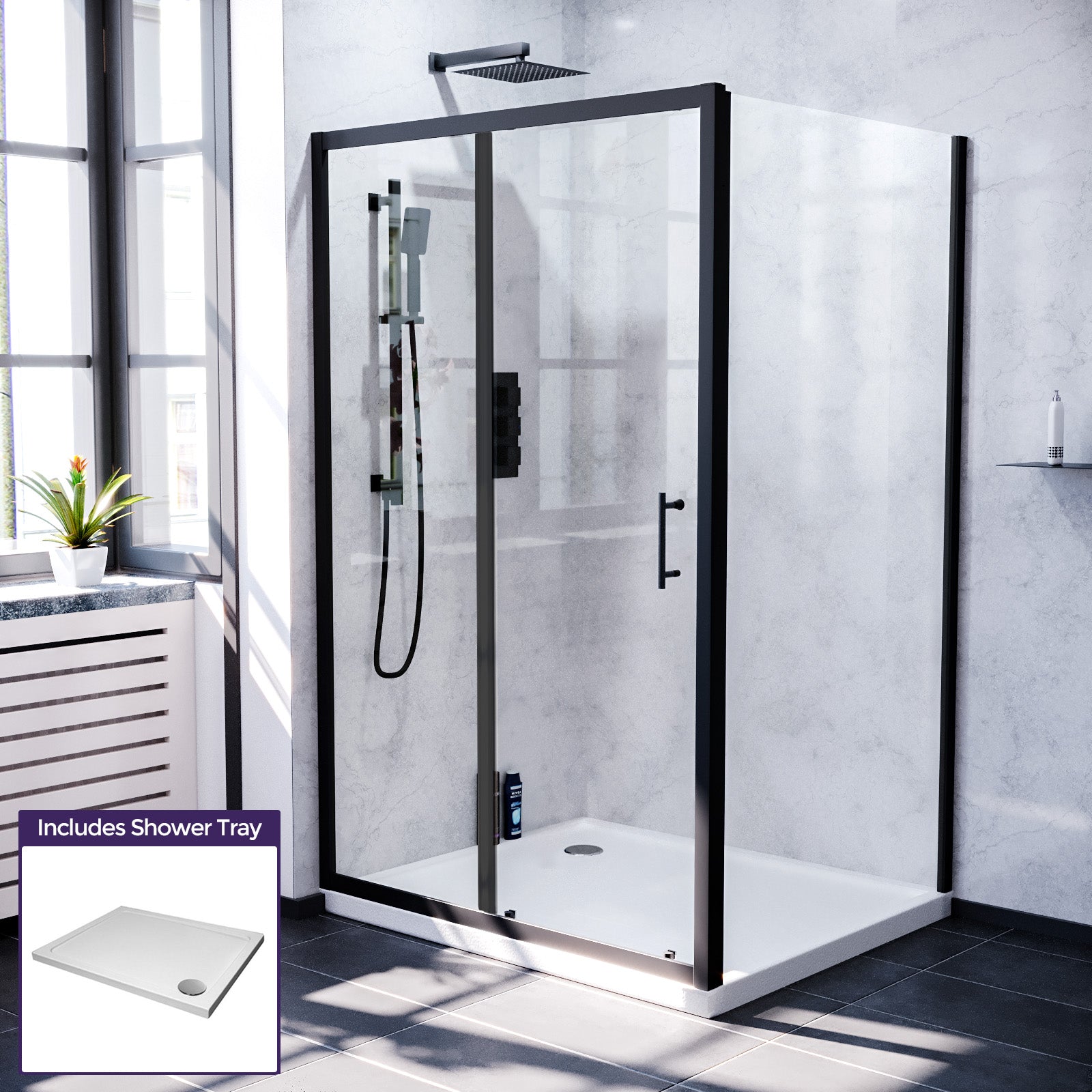 Magna 1100 Black Shower Sliding Door, 800 Frameless Side Panel & Tray