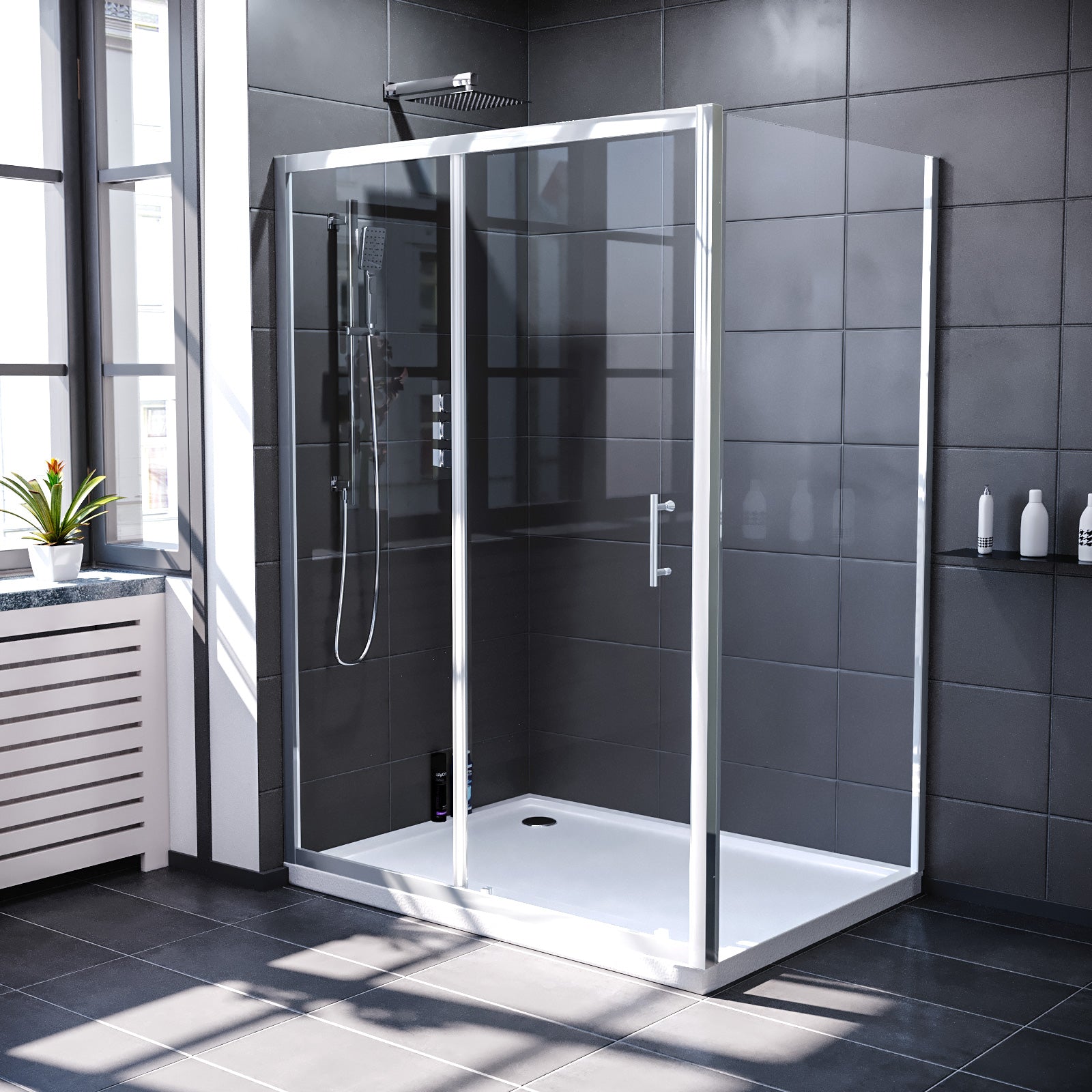 Manga 1200 x 1000mm Shower Enclosure Sliding Door, Panel & Tray Chrome