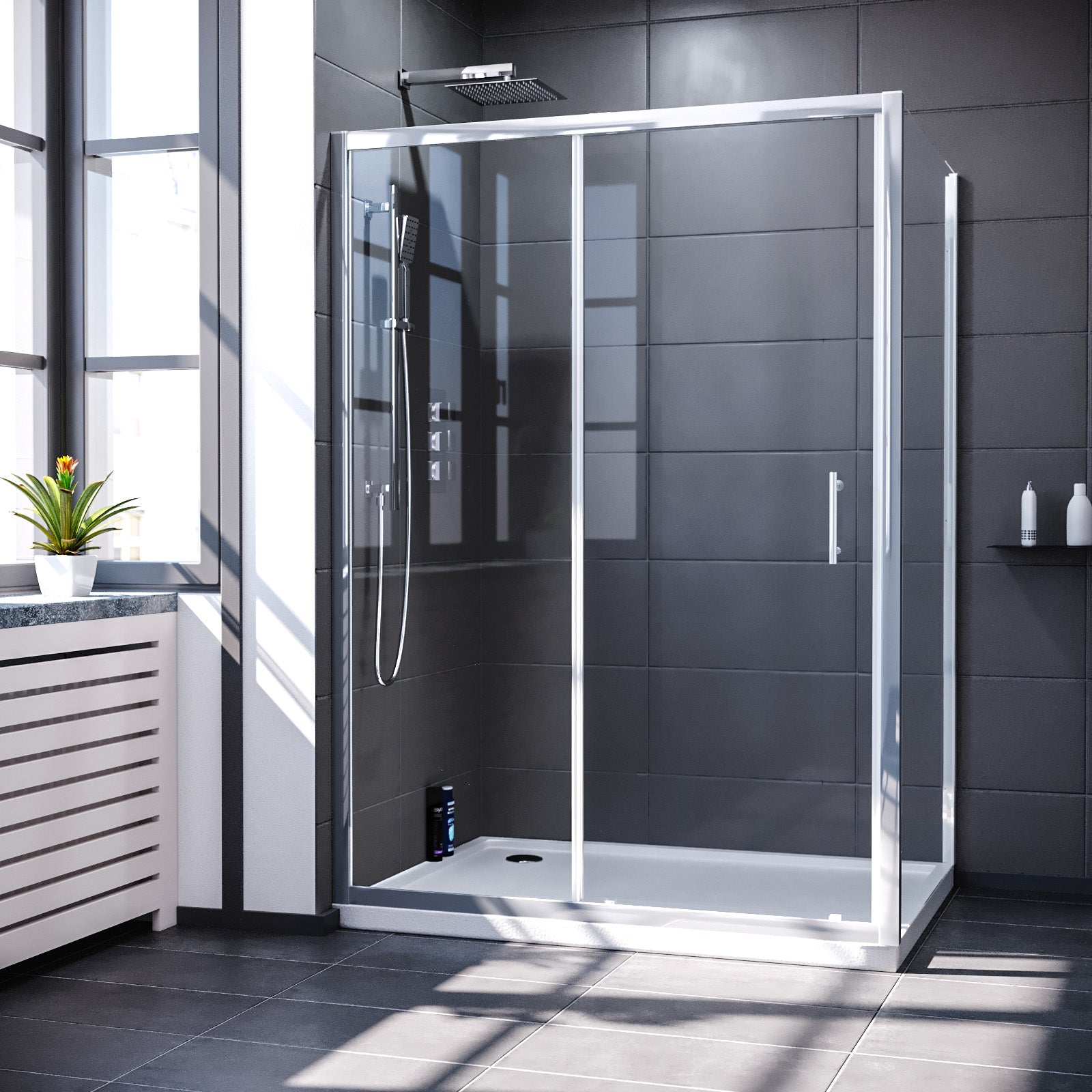 Manga 1200 x 1000mm Shower Enclosure Sliding Door, Panel & Tray Chrome