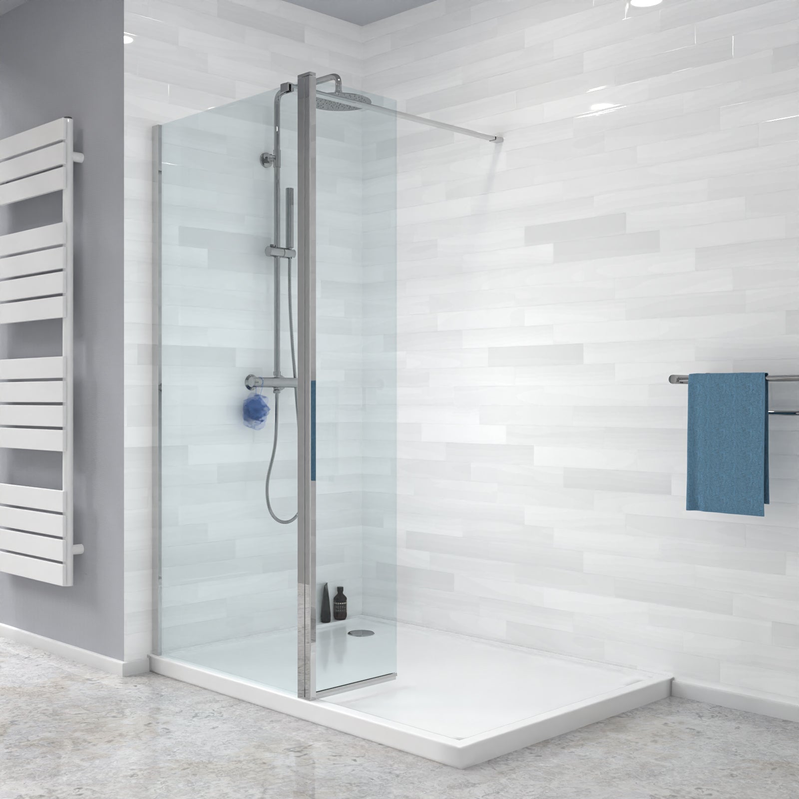Modern bathroom with glass shower enclosure, towel rack