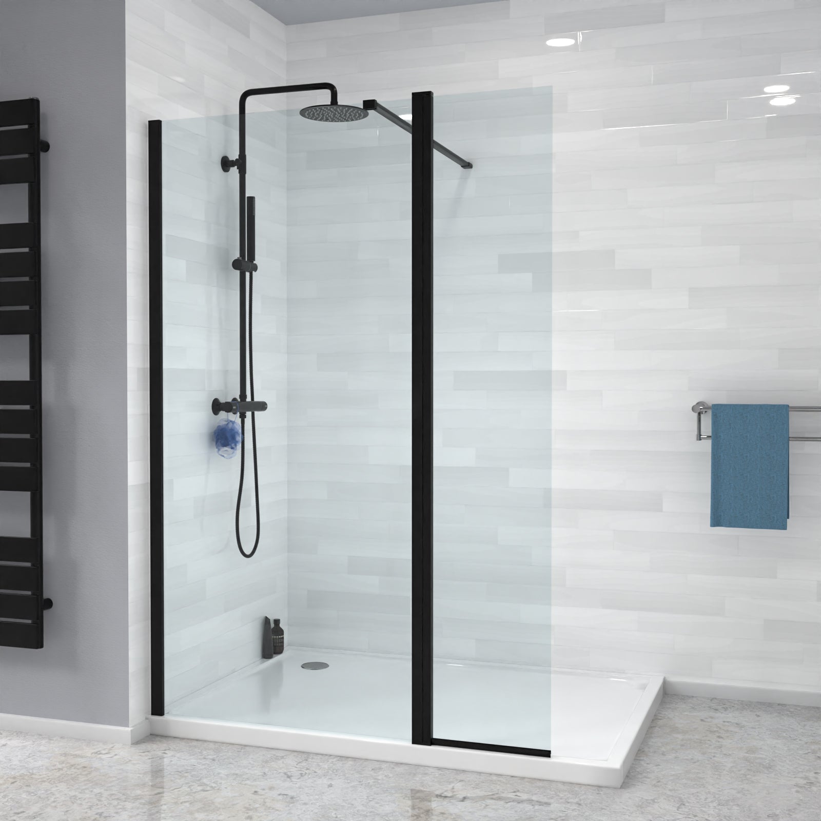 Magna Black 800mm Shower 8mm Tempered Glass Screen With 30omm Flipper Panel
