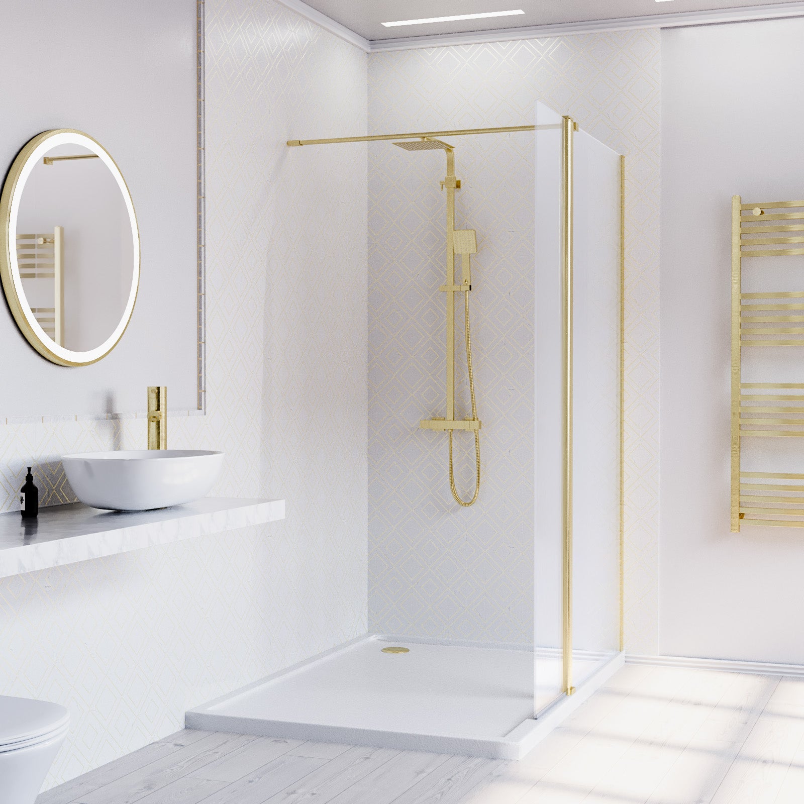 Brushed Brass 800mm Wet Room Screen 8mm Tempered Glass & Flipper Return Panel