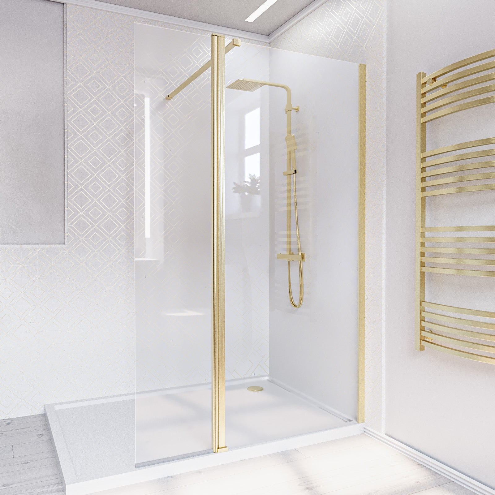 Brushed Brass 800mm Wet Room Screen 8mm Tempered Glass & Flipper Return Panel