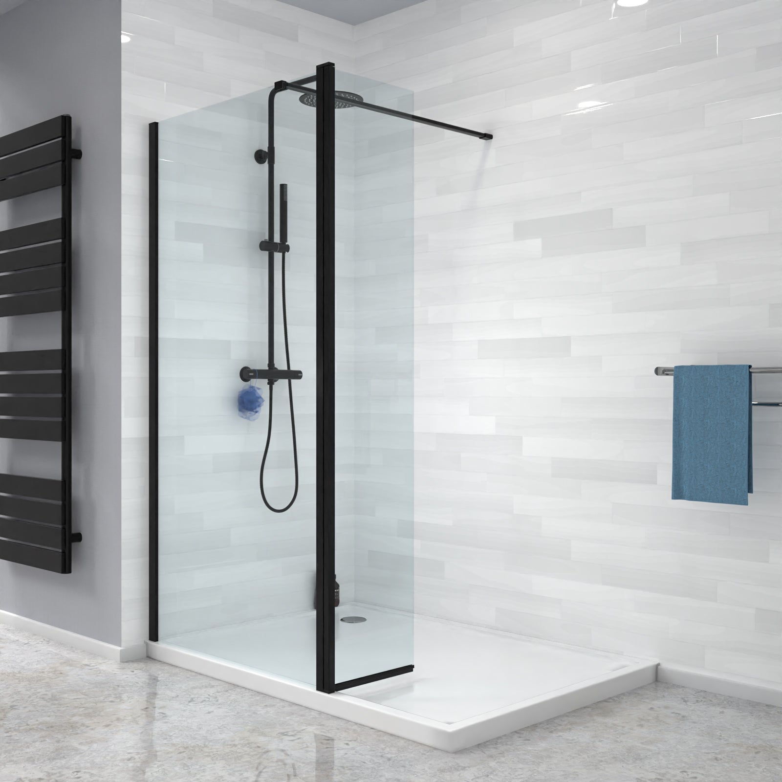 shower setup with glass enclosure, black fixtures, and a towel rack.