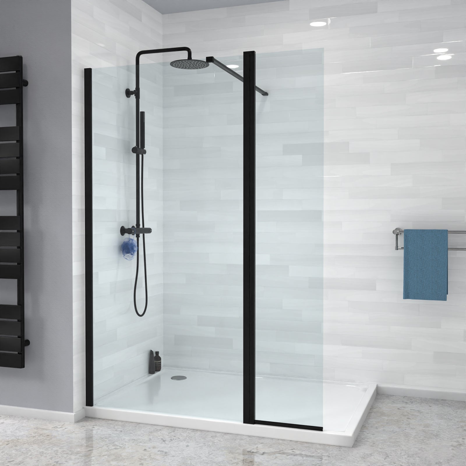 Magna Black 900mm Shower 8mm Tempered Glass Screen With 30omm Flipper Panel