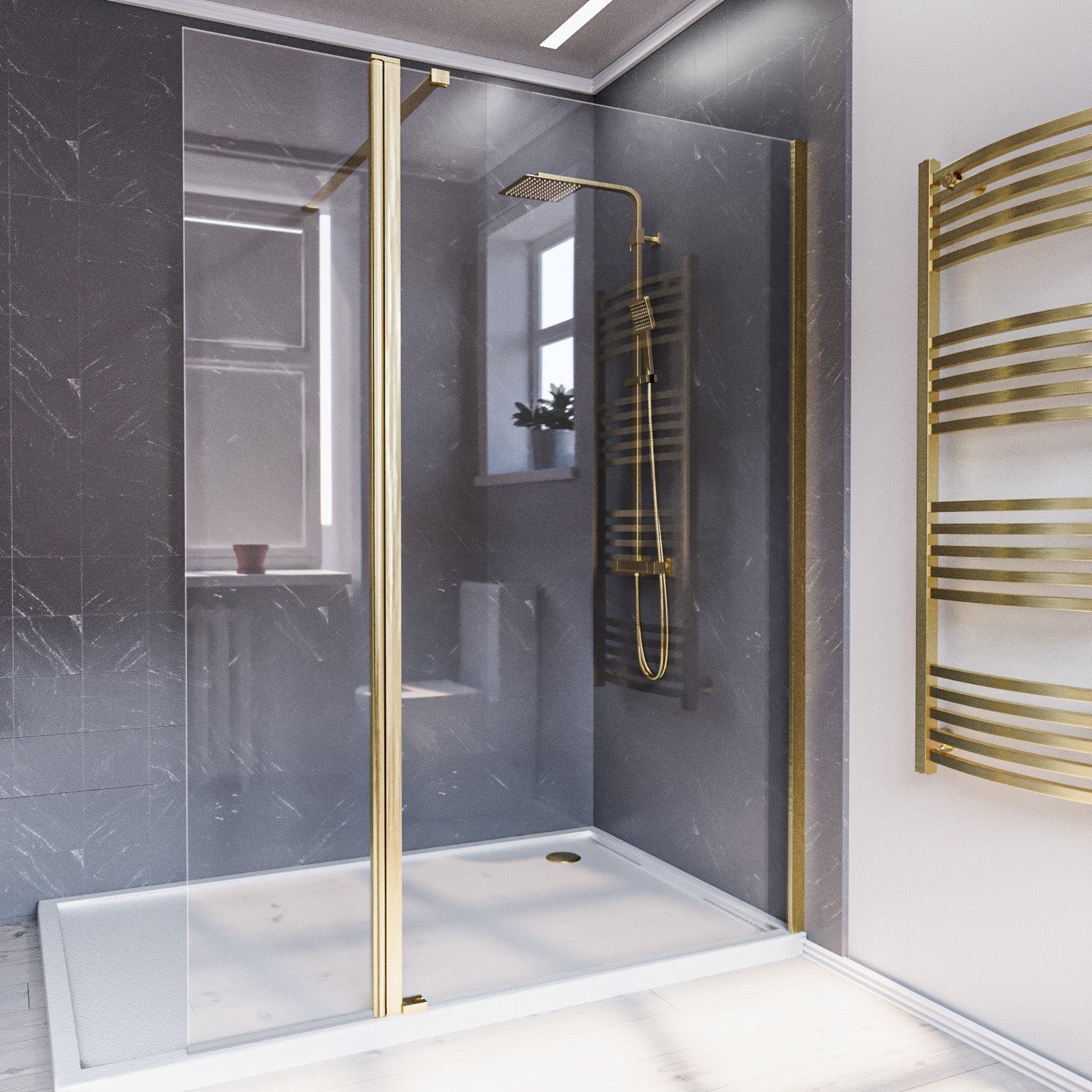 Brushed Brass 900mm Screen 8mm Tempered Glass With 300mm Flipper Panel