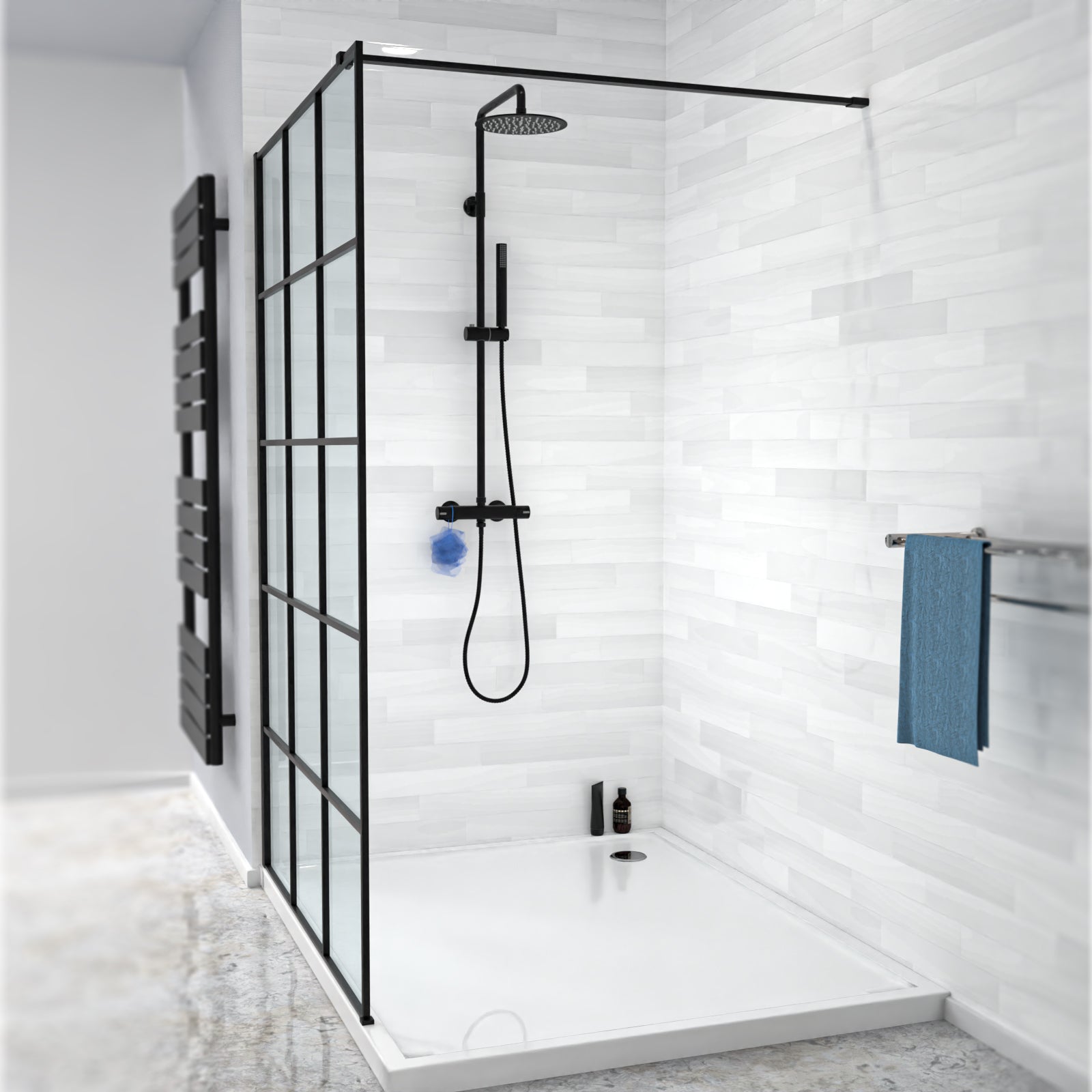 Stanley Black Grid 1200mm Shower Screen 8mm Tempered Glass with Support Bar