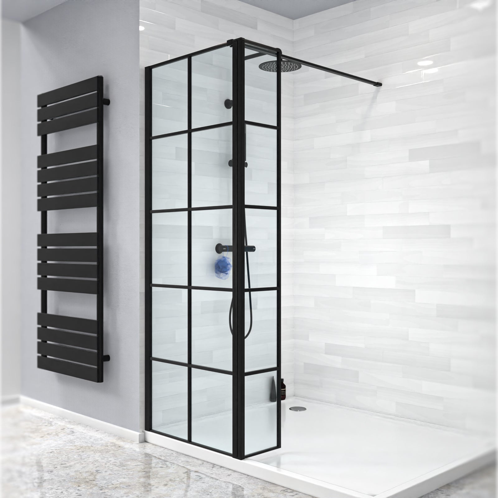 Magna Black Grid 700mm Shower Screen 8mm Tempered Glass & 300mm Return Panel
