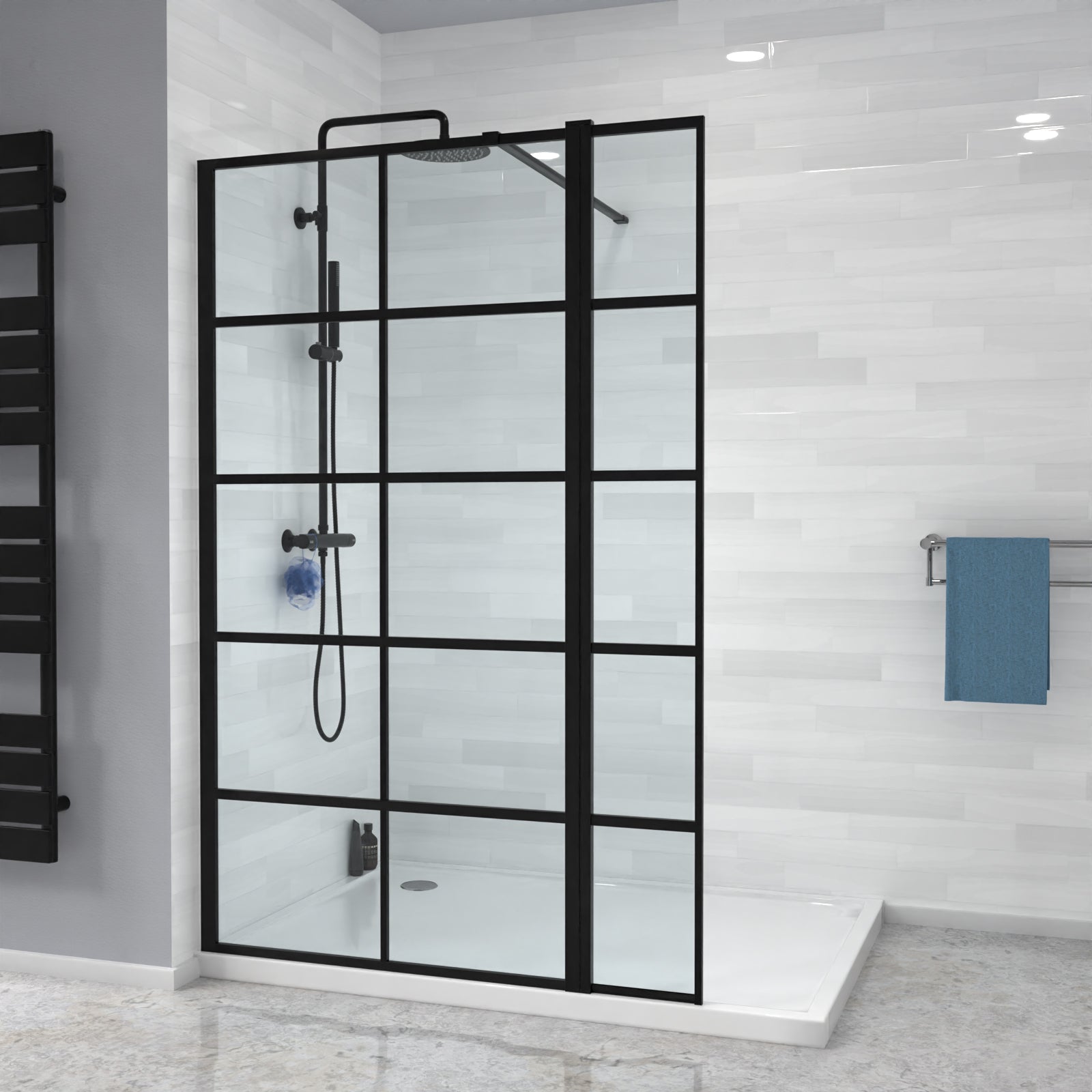 Magna Wet Room Black Grid 900mm Shower Screen 8mm Tempered Glass & Return Panel